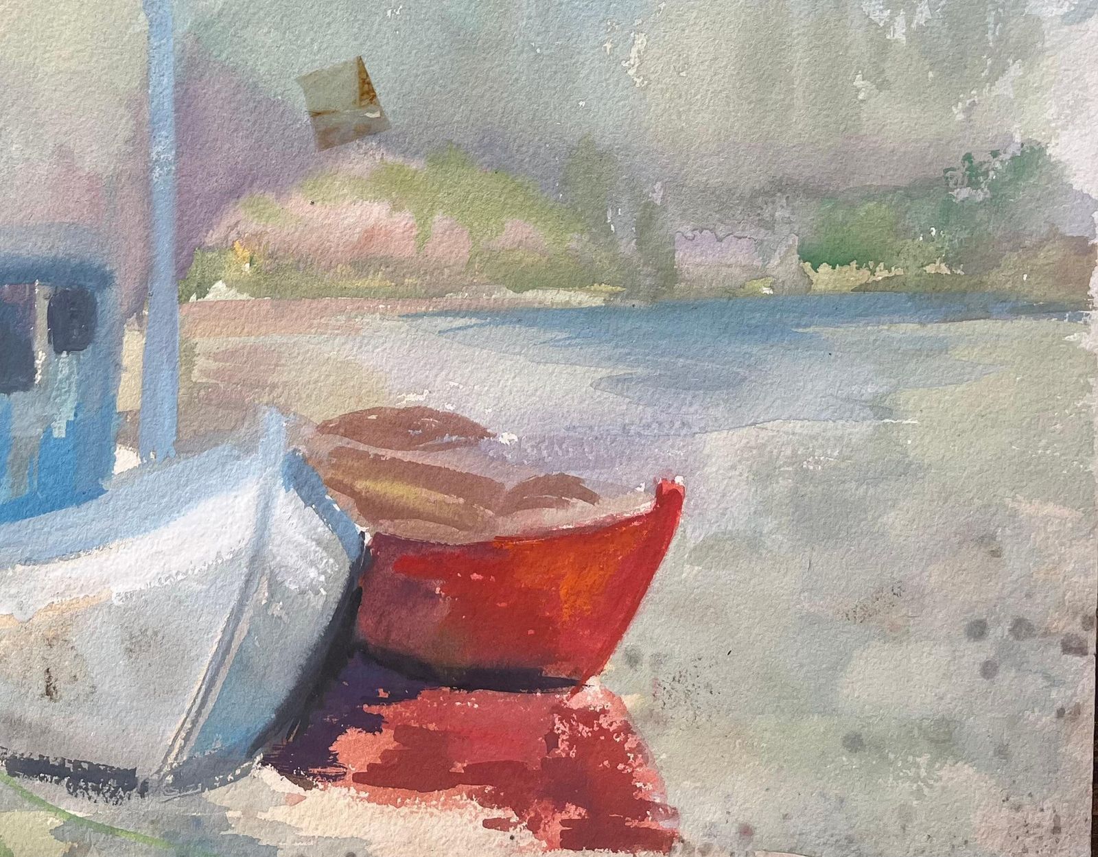 Anne Marie Migette Perardmid Century French Watercolour Of Fishing Boats And Lighthouse On A Quiet Shore photo vinterior