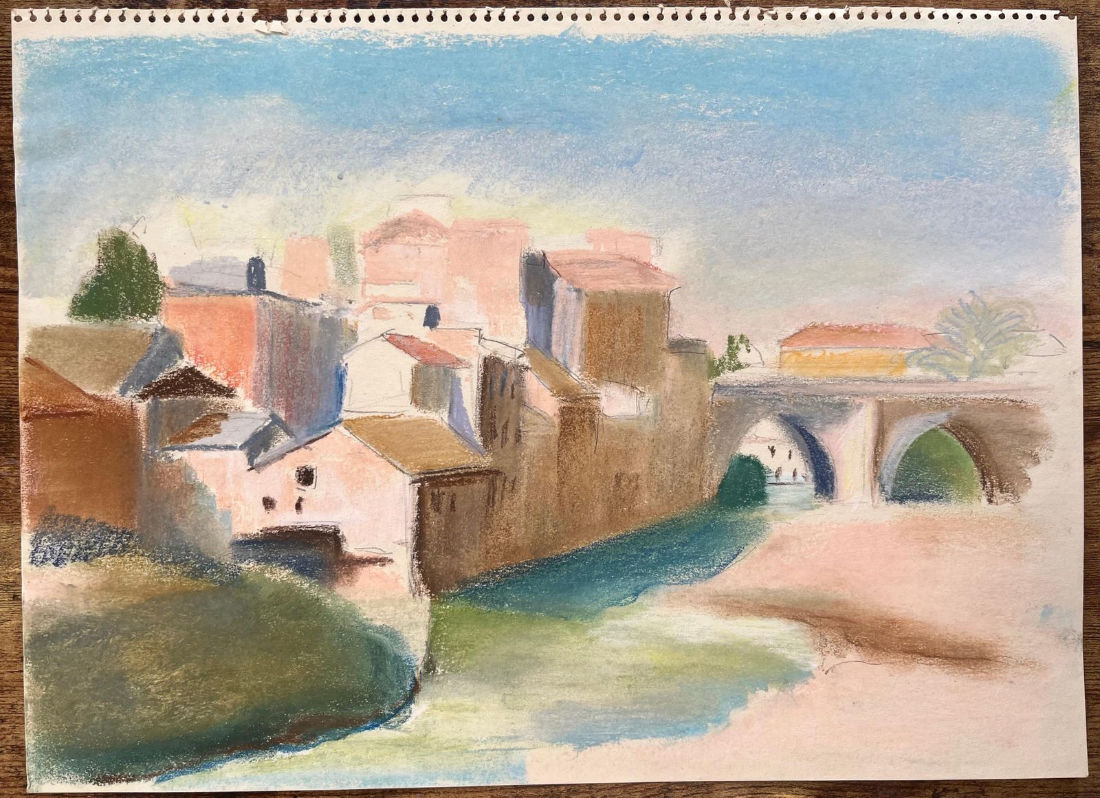 Anne Marie Migette Perardmid 20th Century Pastel Of Riverside Buildings And Arched Stone Bridge photo furniture