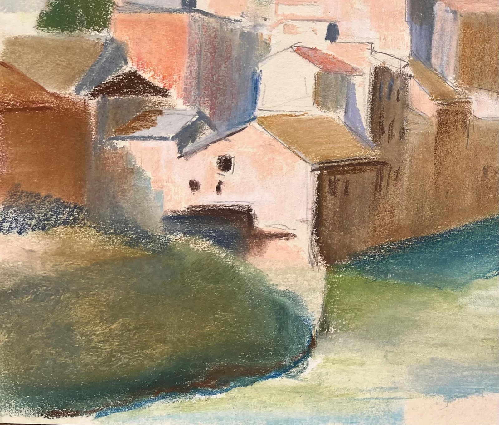 Anne Marie Migette Perardmid 20th Century Pastel Of Riverside Buildings And Arched Stone Bridge photo for sale