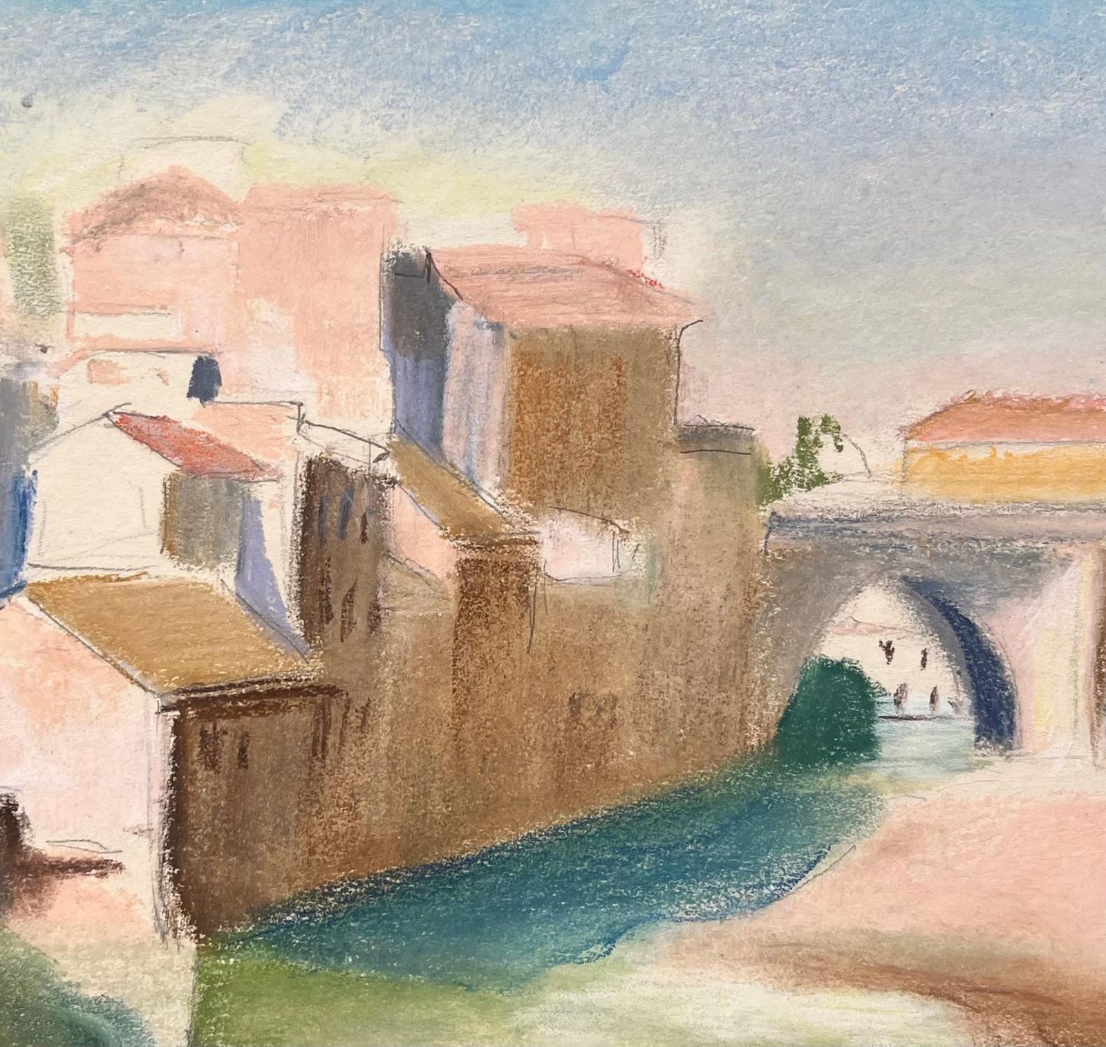 Anne Marie Migette Perardmid 20th Century Pastel Of Riverside Buildings And Arched Stone Bridge photo buy