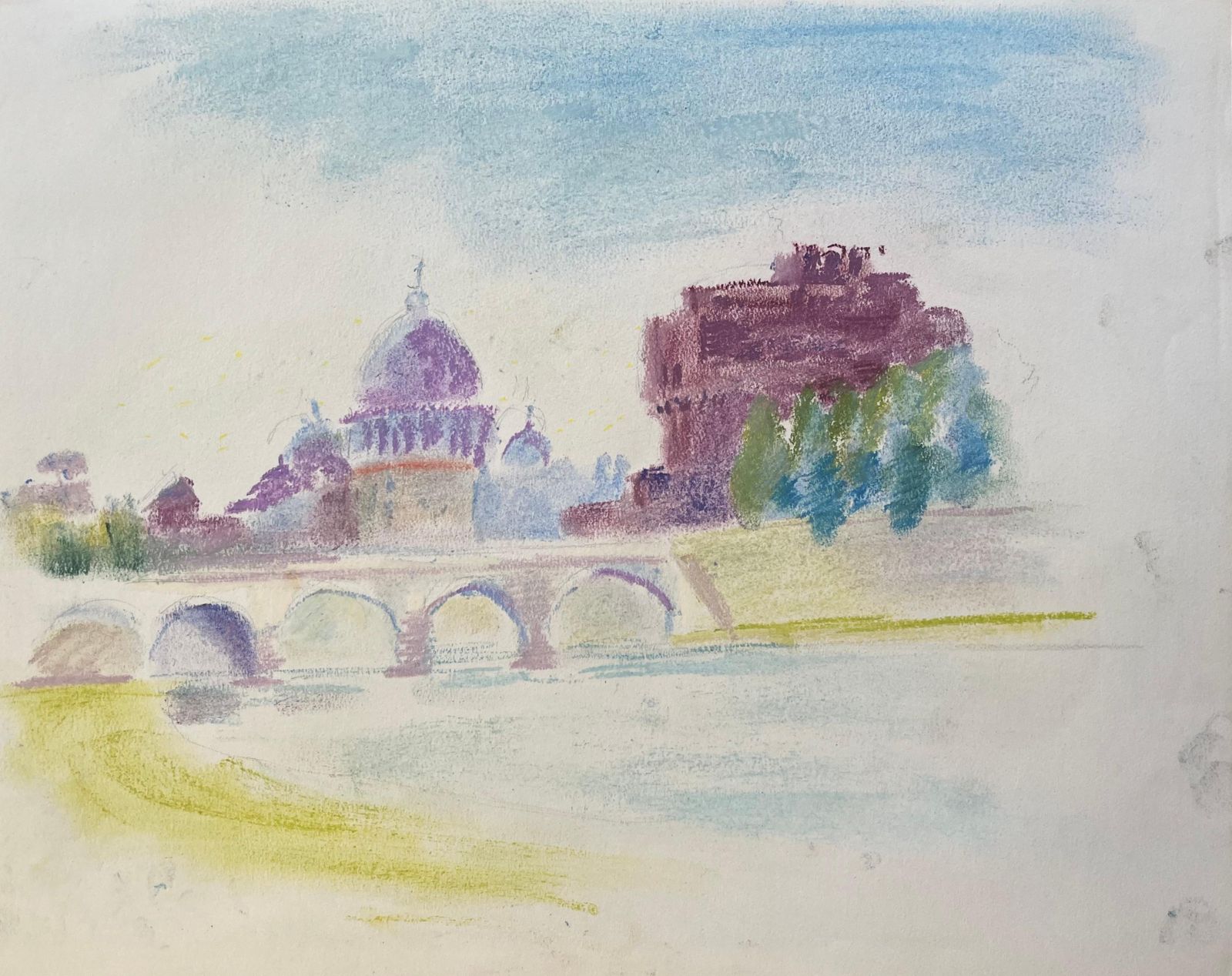 Anne Marie Migette Perardmid 20th Century Pastel Of Castel Sant'angelo And St. Peter’s Dome In Rome