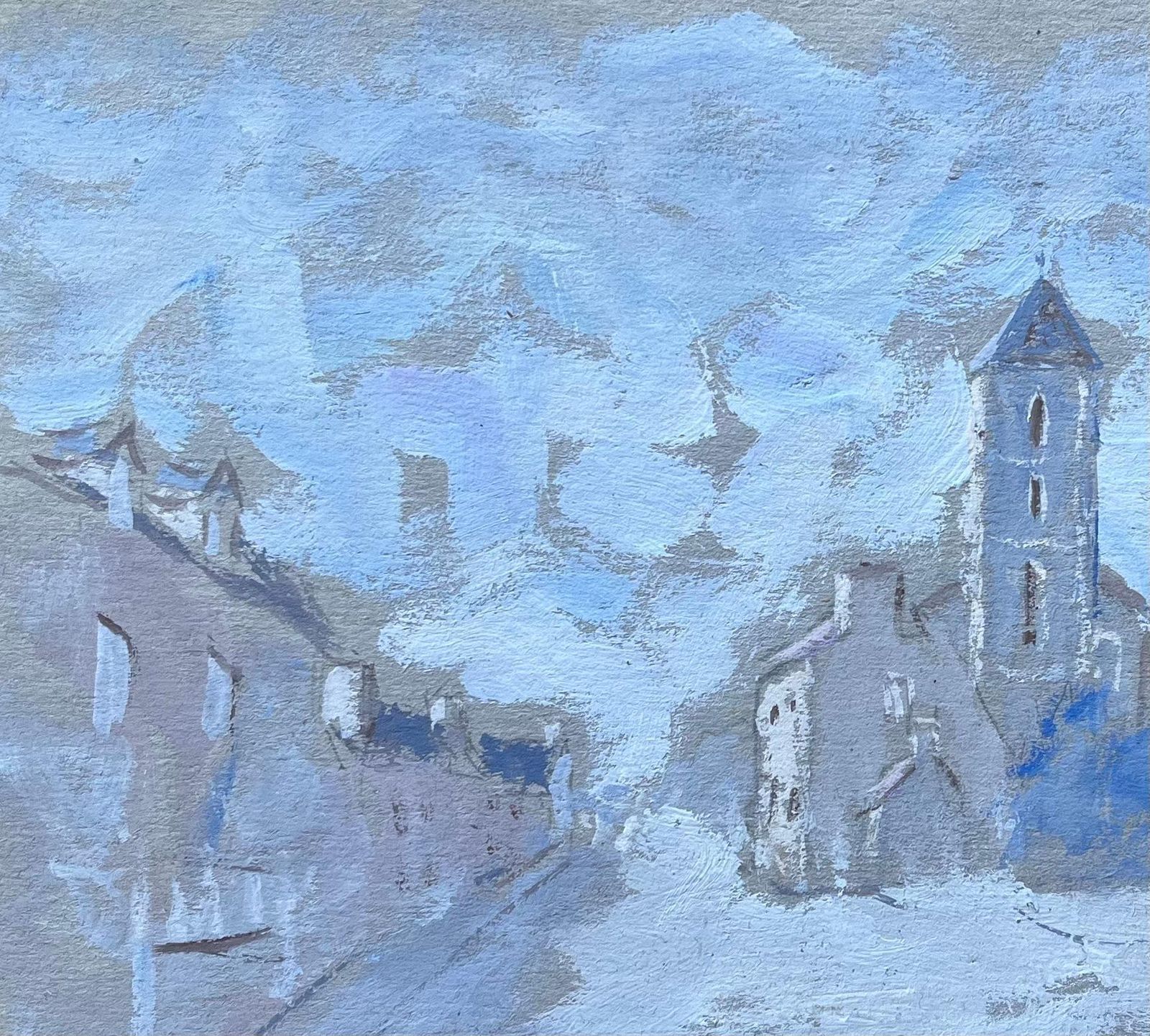 Fanch Lelfrench Gouache Painting Of Village Street And Church Tower In Pale Blue photo 500.0
