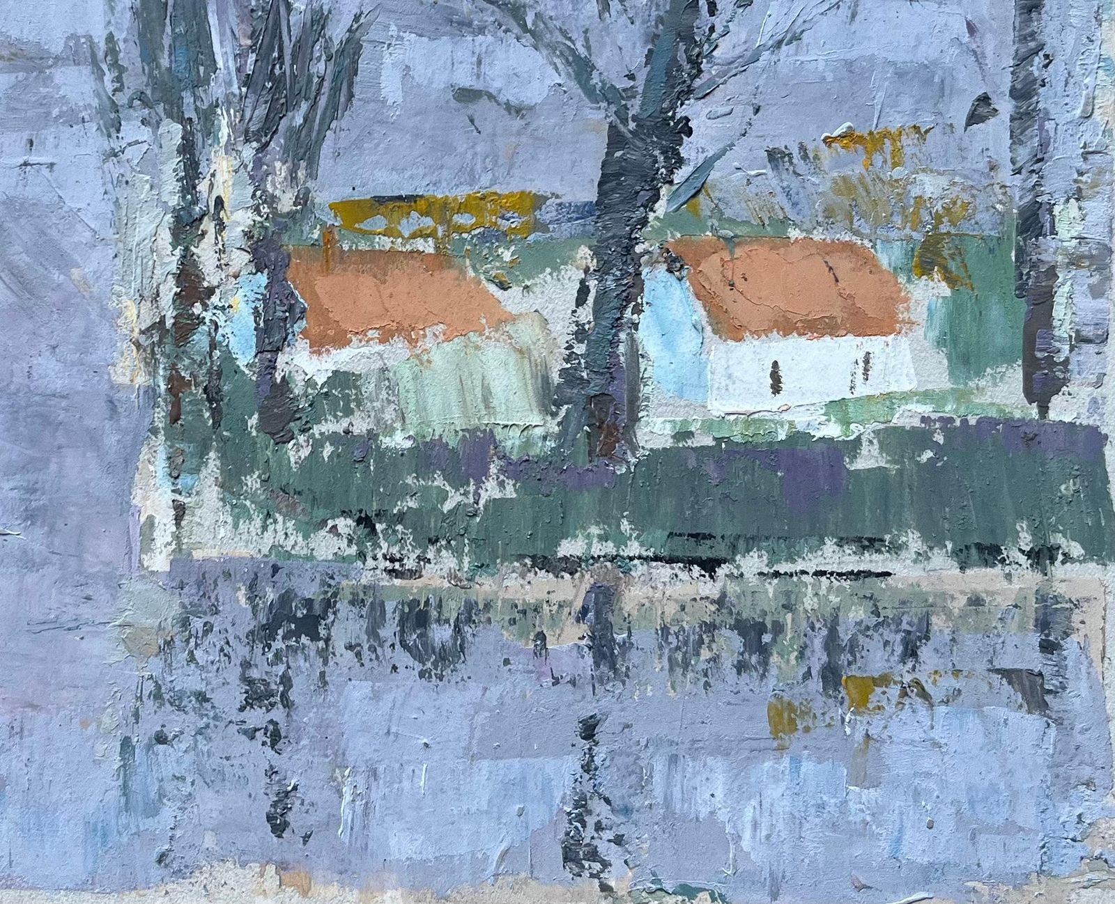 Fanch Lelmid Century French Landscape With Bare Trees And Red Roof Cottages photo for sale