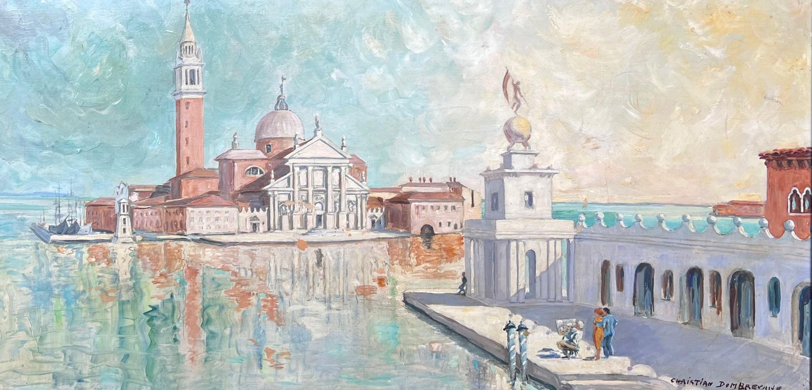 Christian Dombrevanehuge Signed Oil Painting Venice Canal San Giorgio Maggiore 20th Century photo furniture