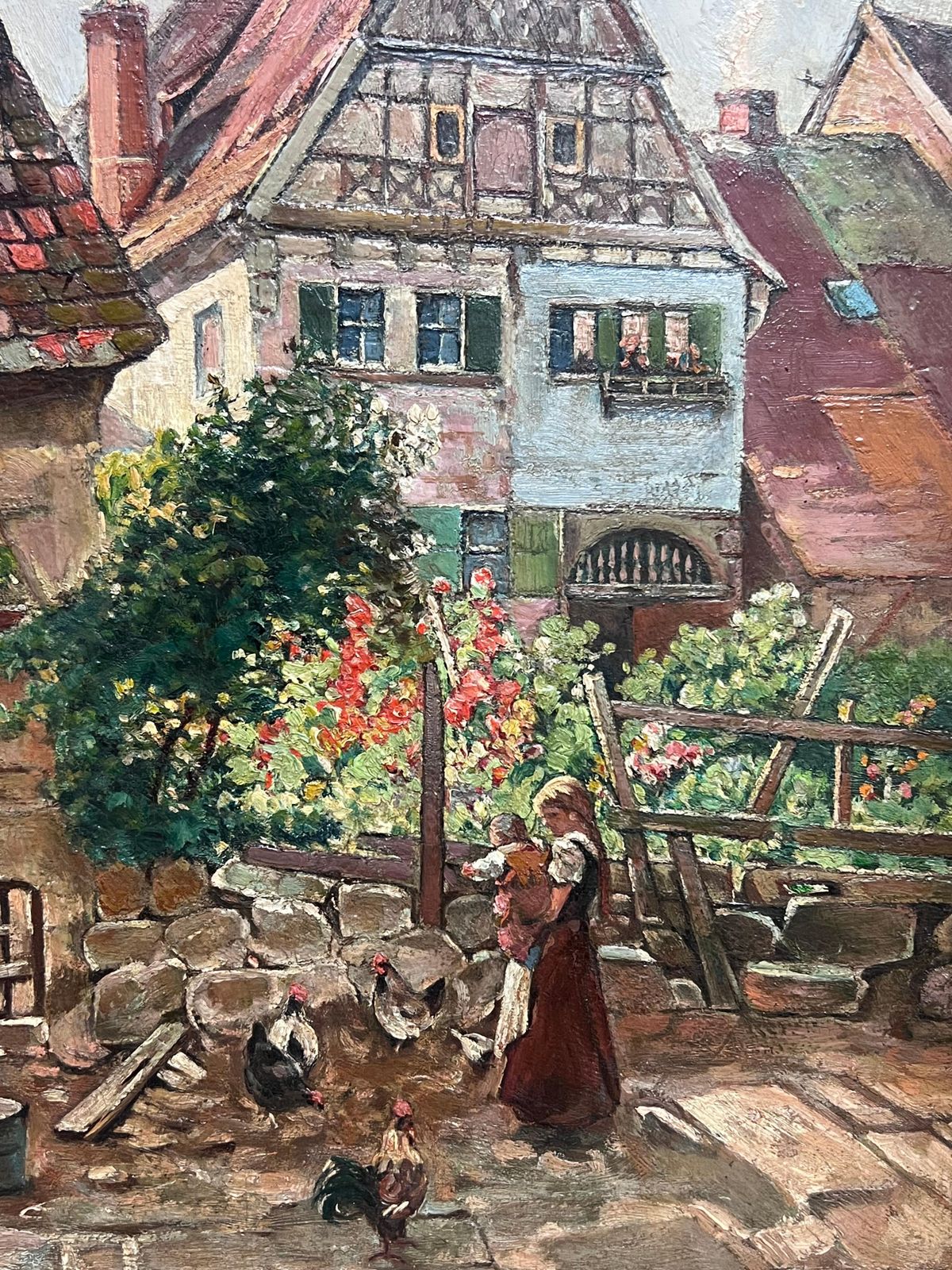 English 1930'scharming English Village Street Scene Young Mother & Child Chickens Cottages1930 photo for sale