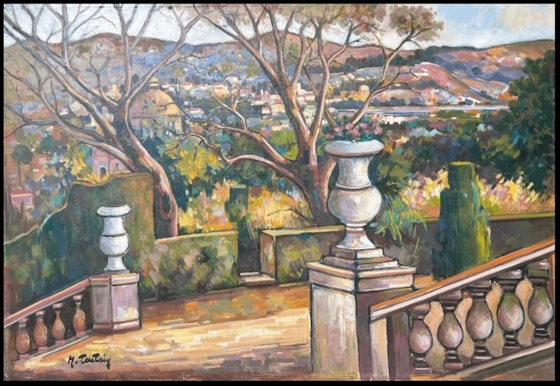 Max Toutainprovencal Coastal Garden Terrace Huge 20th Century French Impressionist Painting photo furniture