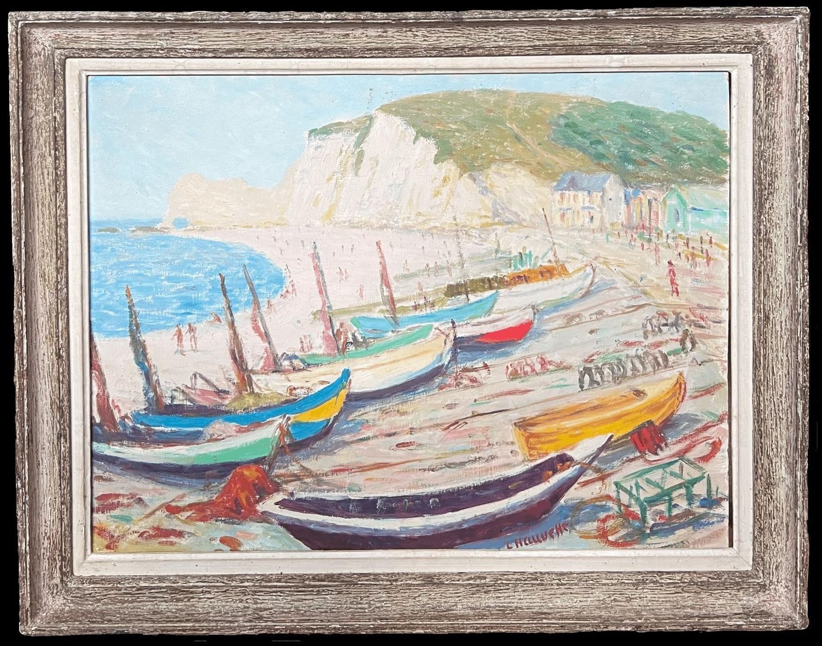 N. Hauvettemid Century French Signed Oil Boats Moored On White Cliff Beach Coastal Seascape1950