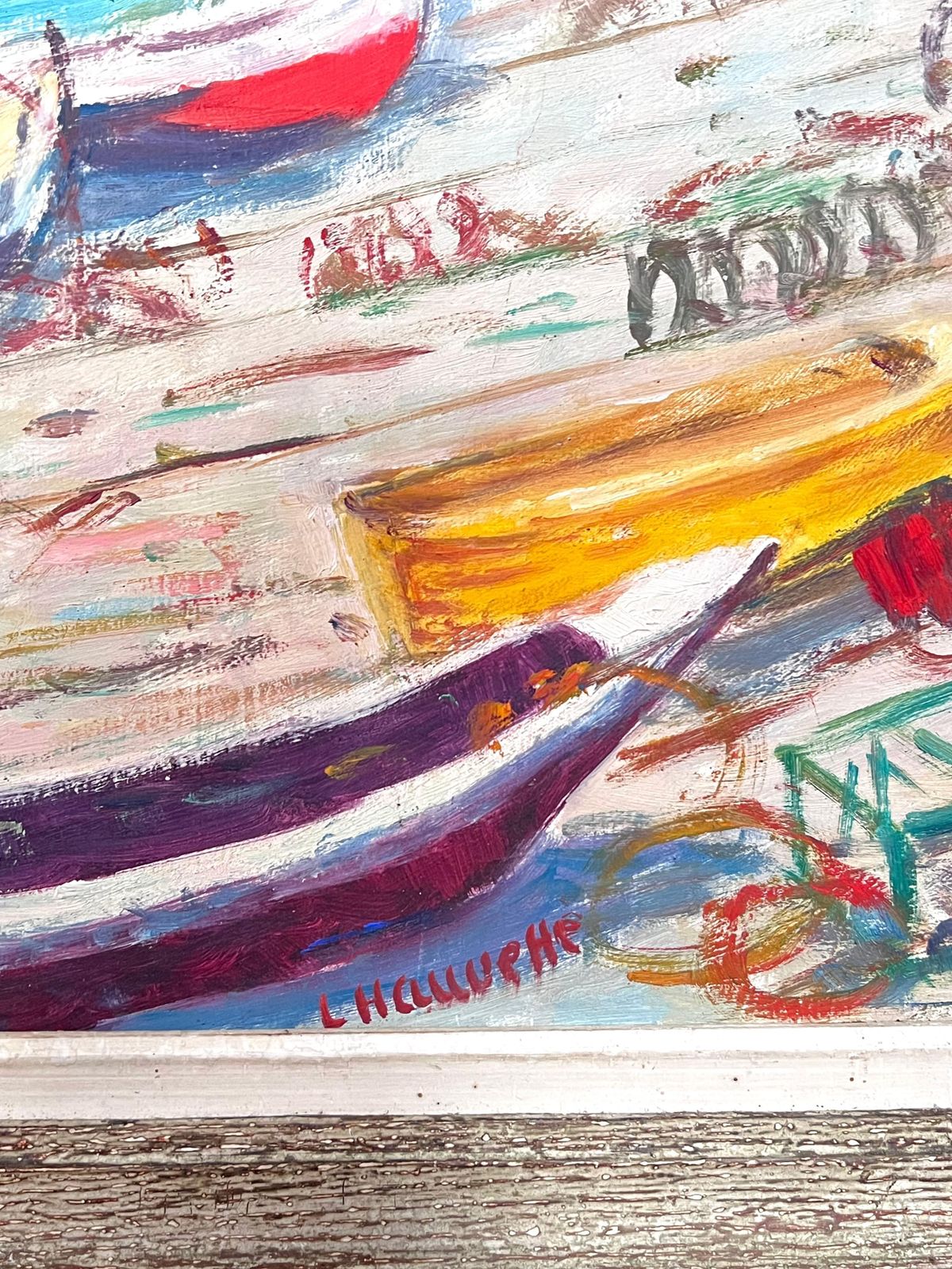 N. Hauvettemid Century French Signed Oil Boats Moored On White Cliff Beach Coastal Seascape1950 photo vinterior