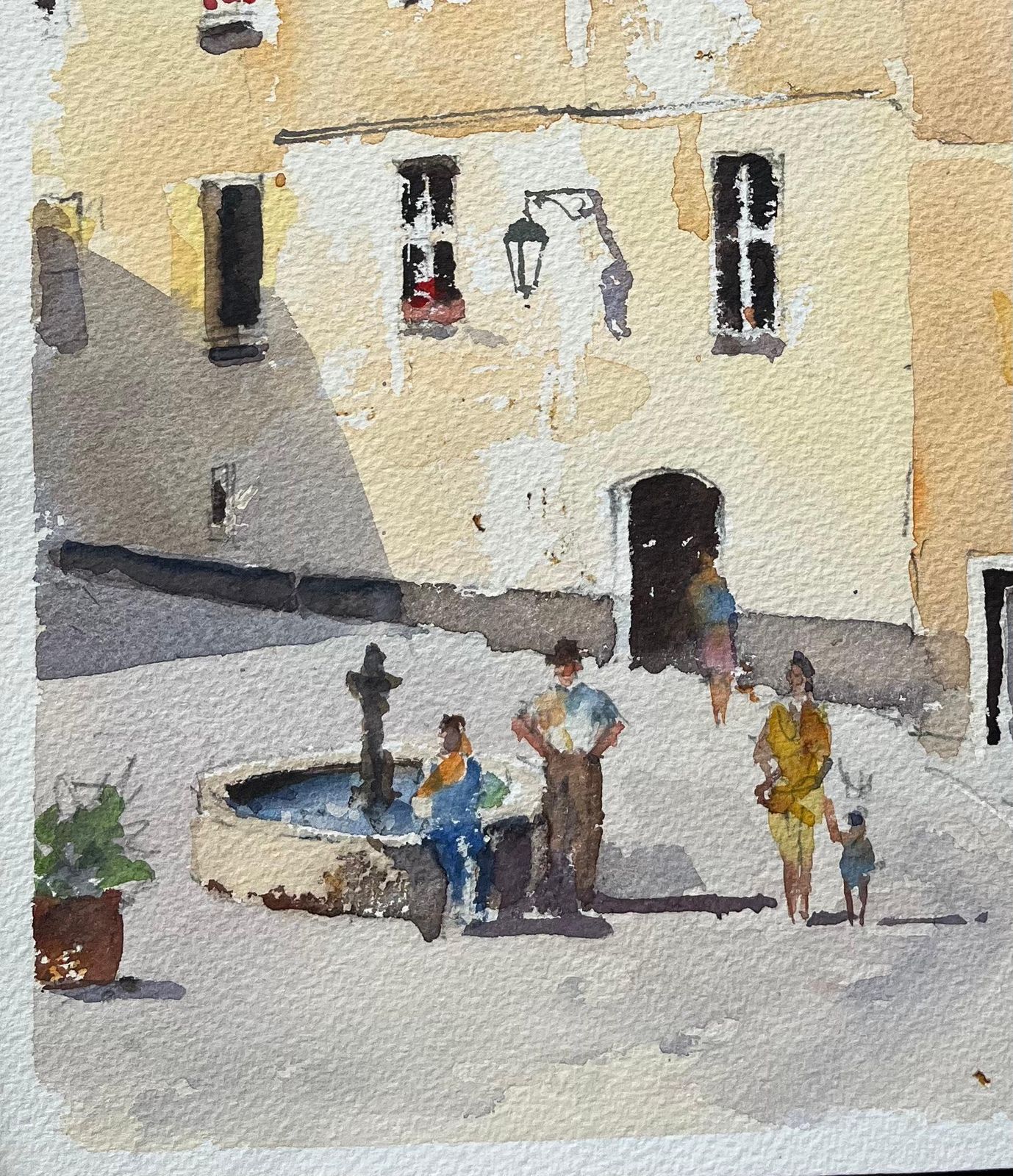 Anthony Averybritish Watercolor Of A Sunlit Mediterranean Courtyard With Figures And Fountain photo Art