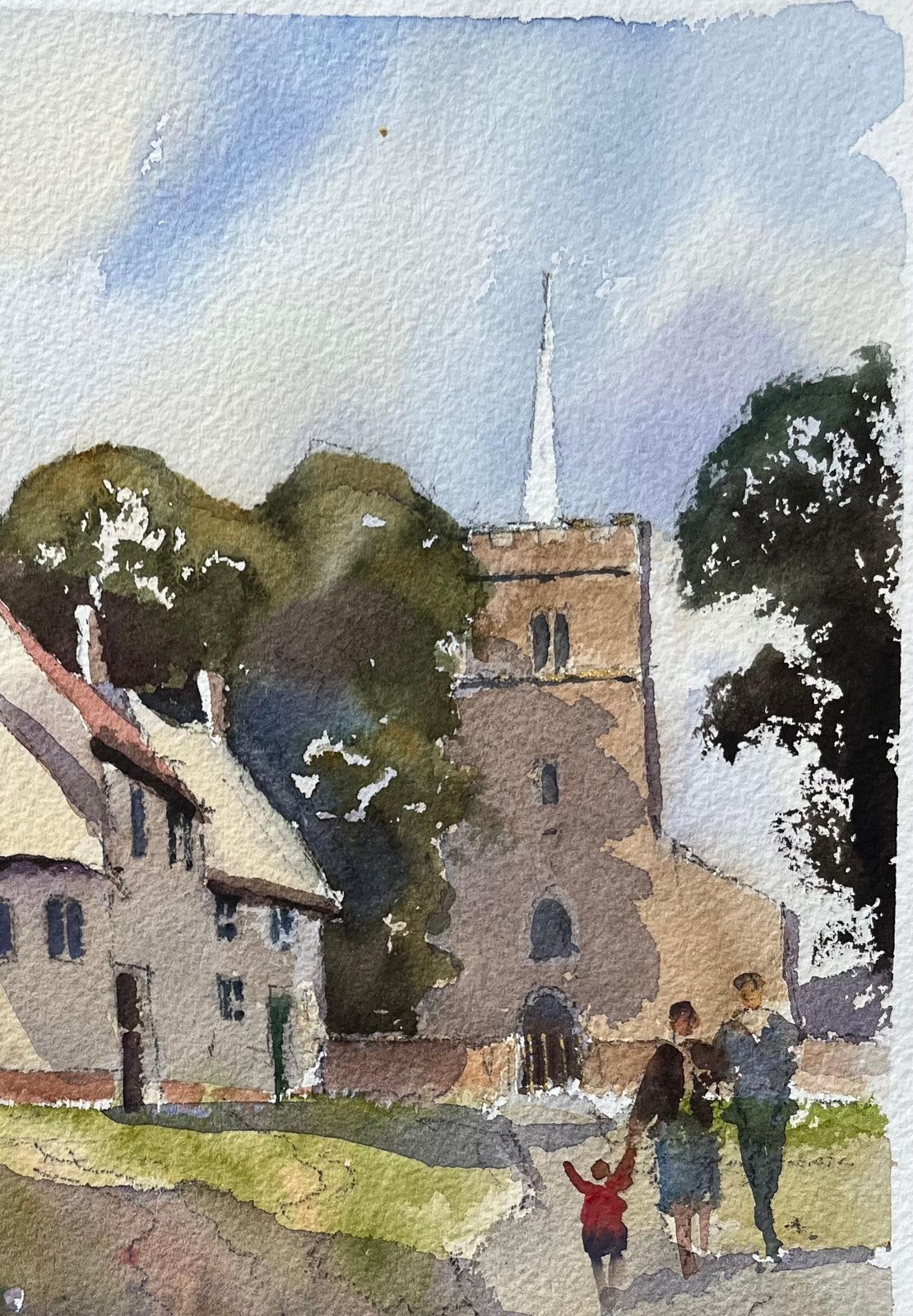 Anthony Averybritish Impressionist Watercolor Of Figures Walking Up Village Pathway To Church photo vinterior