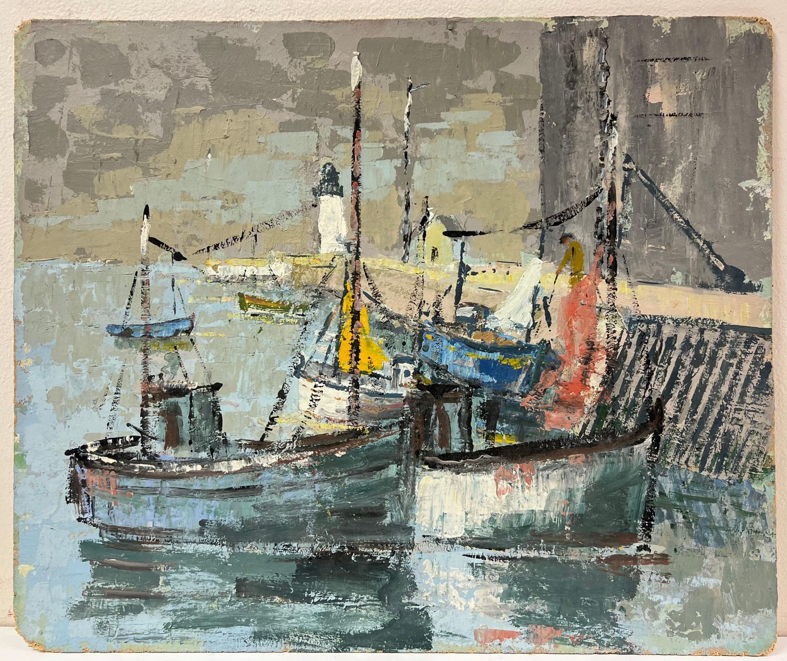 Fanch Lelfrench Impressionist Fishing Boats At The Harbor With Lighthouse Oil Painting photo furniture