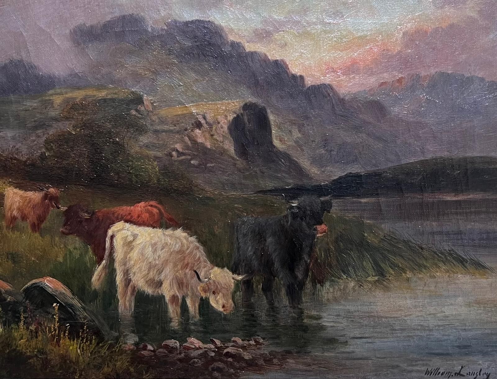 William Langley (1852 1922highland Cattle At Dusk Antique Scottish Loch & Mountains Signed Oil Painting photo furniture