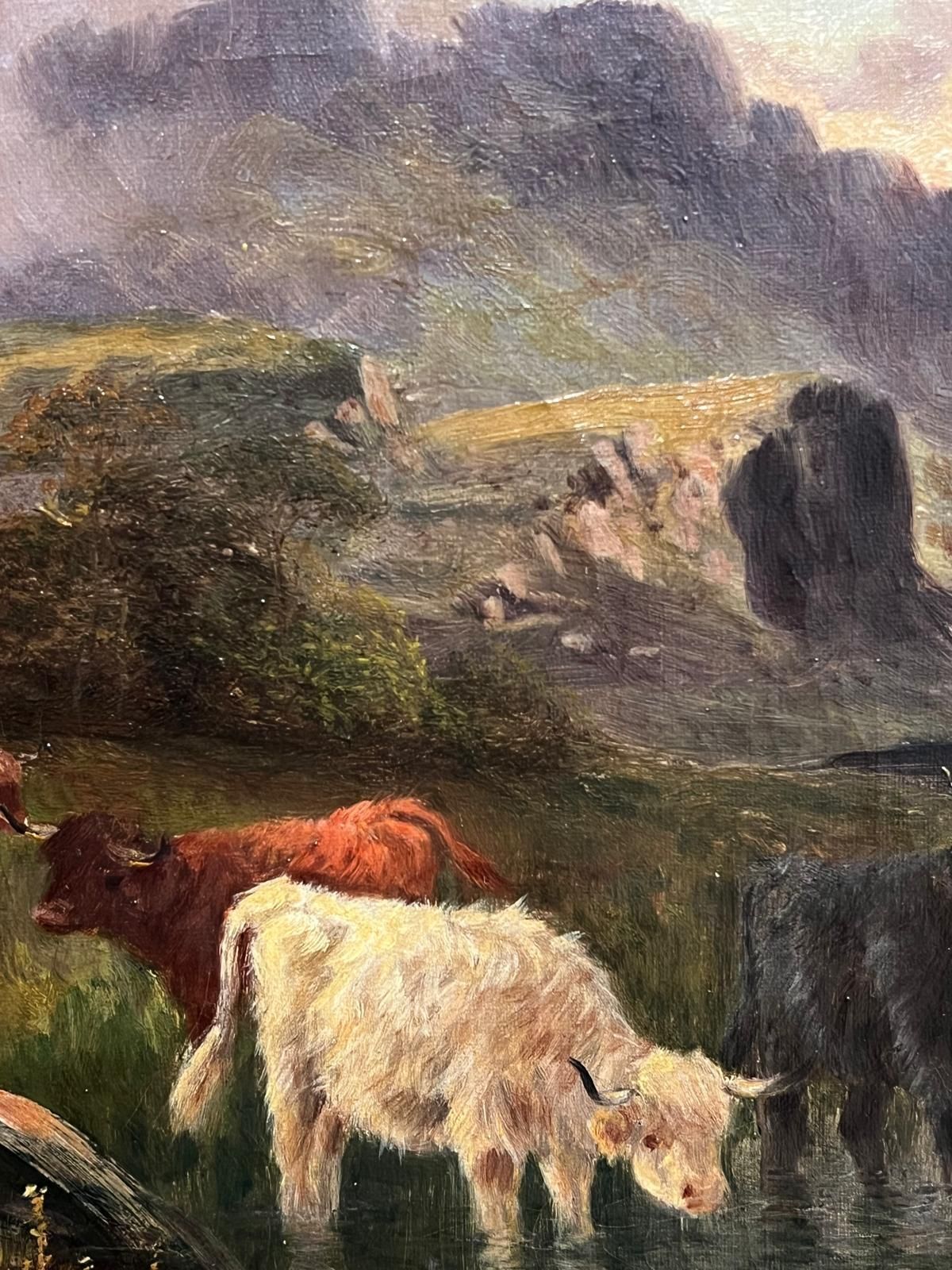 William Langley (1852 1922highland Cattle At Dusk Antique Scottish Loch & Mountains Signed Oil Painting photo vintage