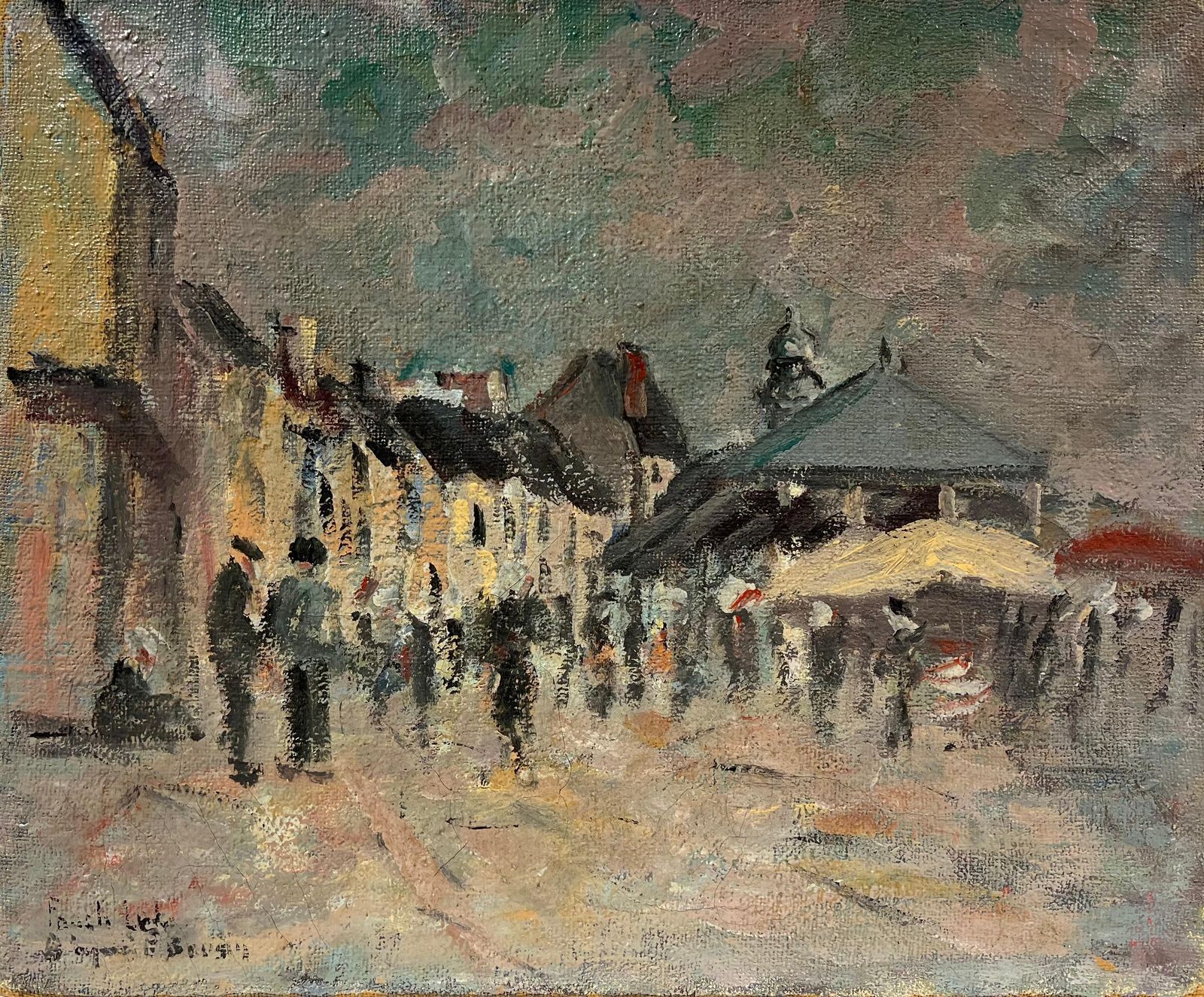 Fanch Lelfrench Impressionist Village Square Market Day With Bustling Figures