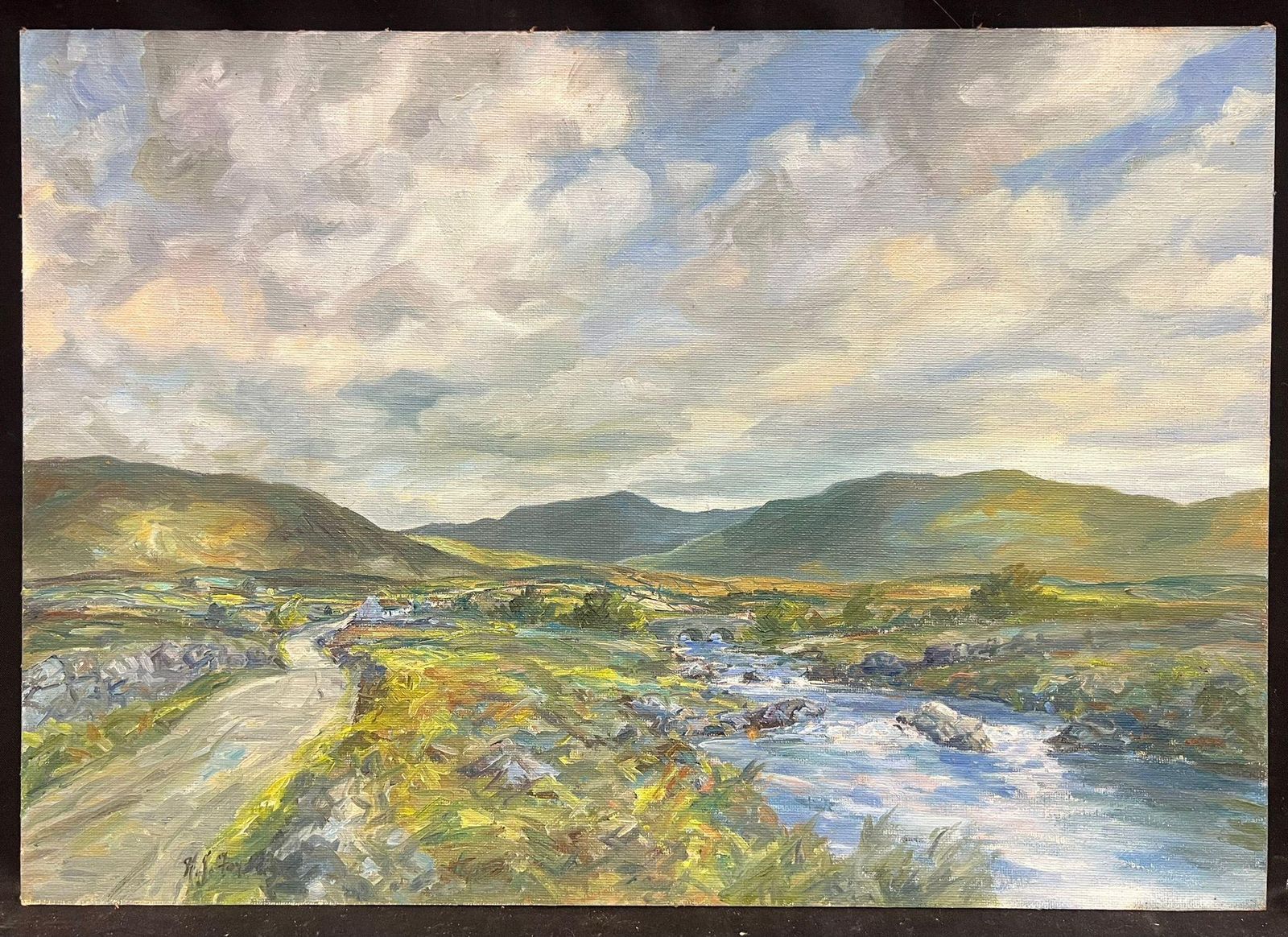 Irish Artistvintage Irish Oil Painting Winding Stream & Rolling Green Hills Under Cloudy Sky photo furniture