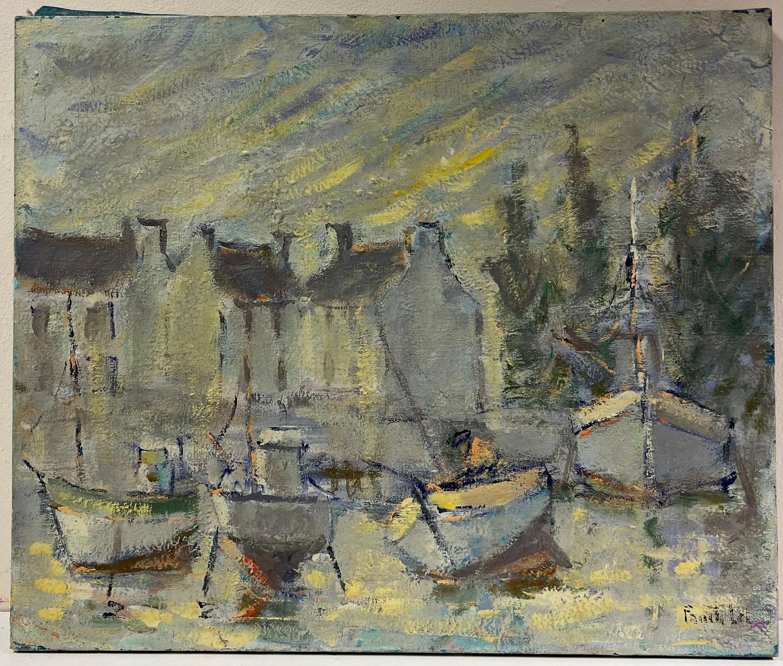 Fanch Lelfrench Impressionist Grey Boats At Harbor At Dusk With Peering Sun Landscape photo furniture