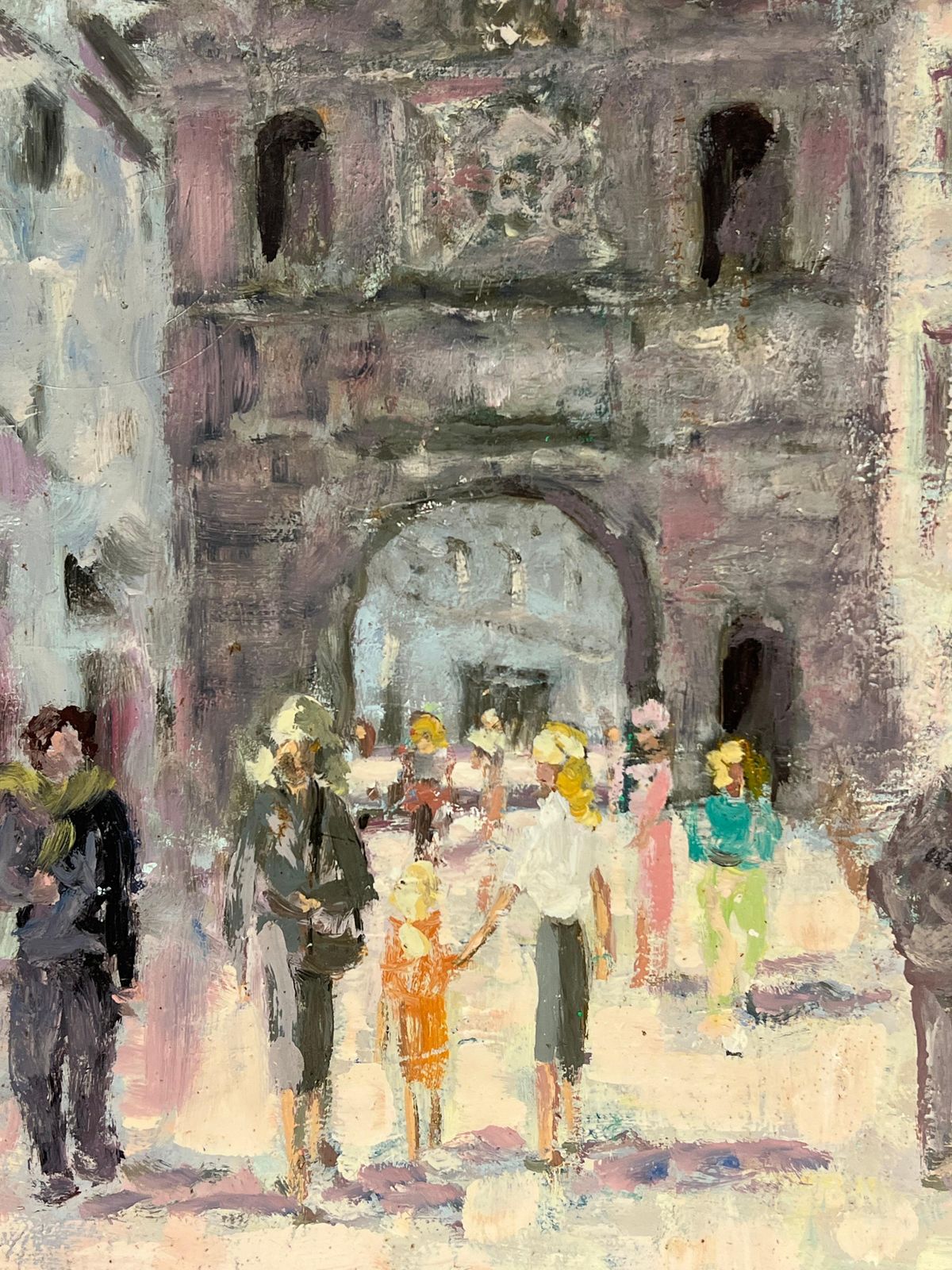 Fanch Lelfrench Impressionist Busy Scene Of Strolling Figures Through Village Gateway photo 723.0