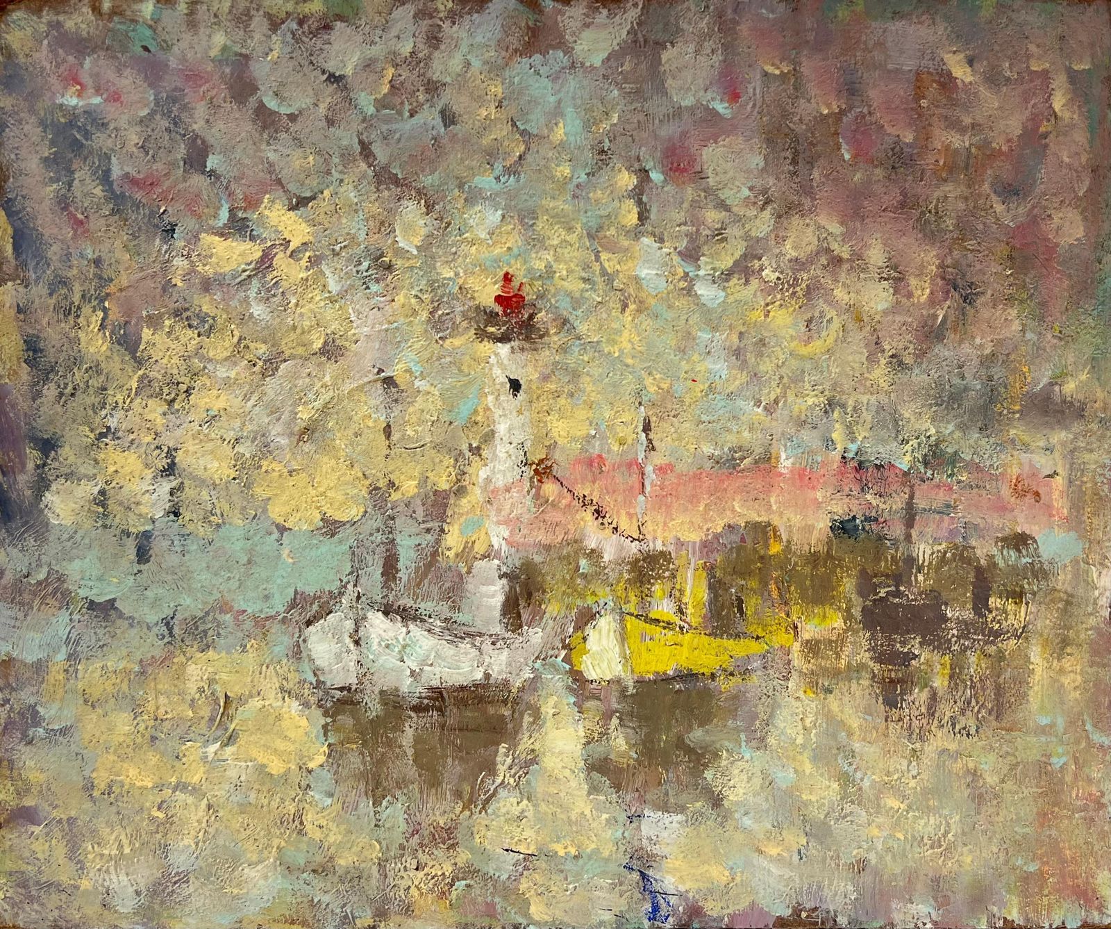 Fanch Lelfrench Impressionist Dotty Glow Of Lighthouse And Boats Oil Painting