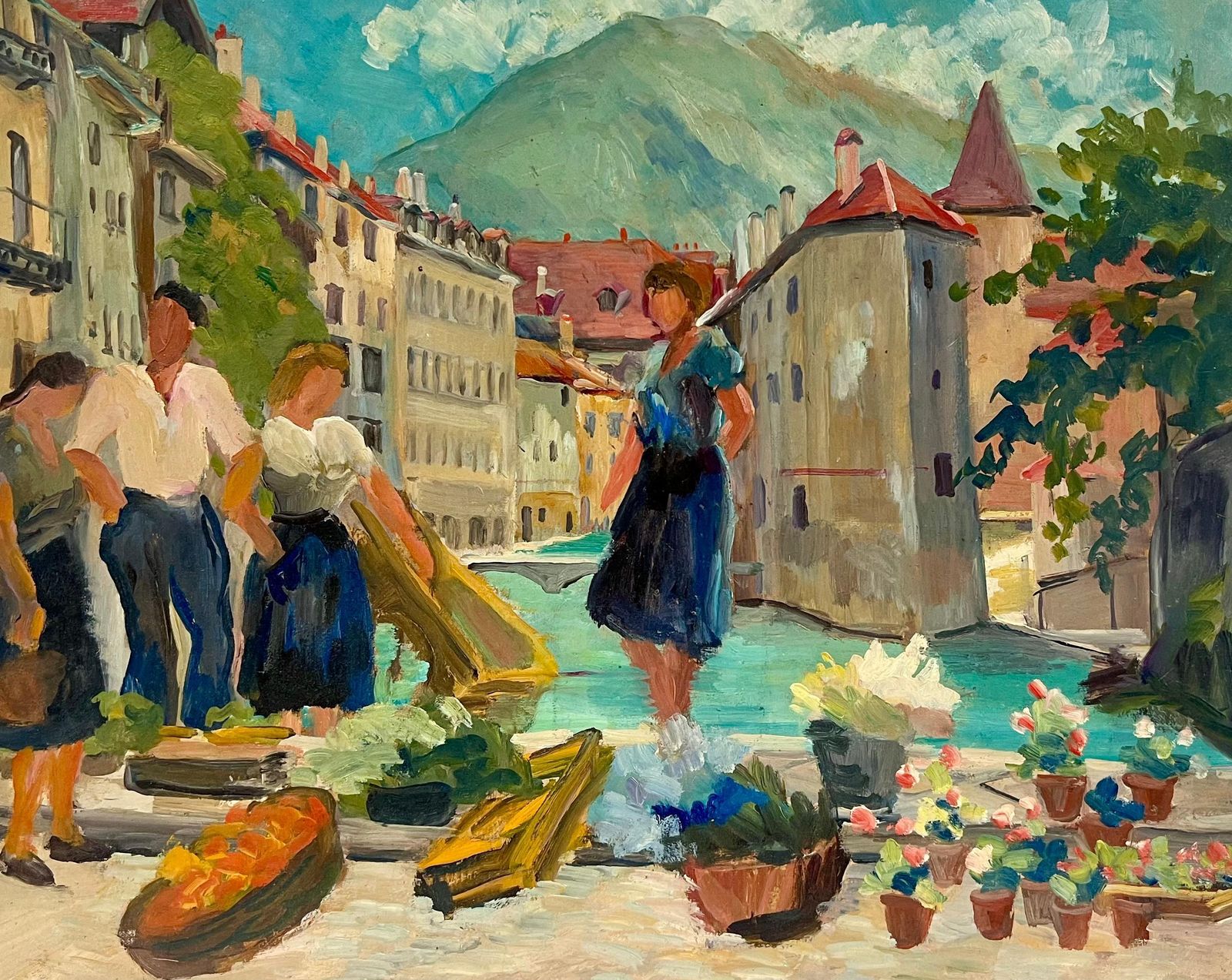 Regine David1940's French Oil Painting Figures South Of France Busy Market Scene photo for sale