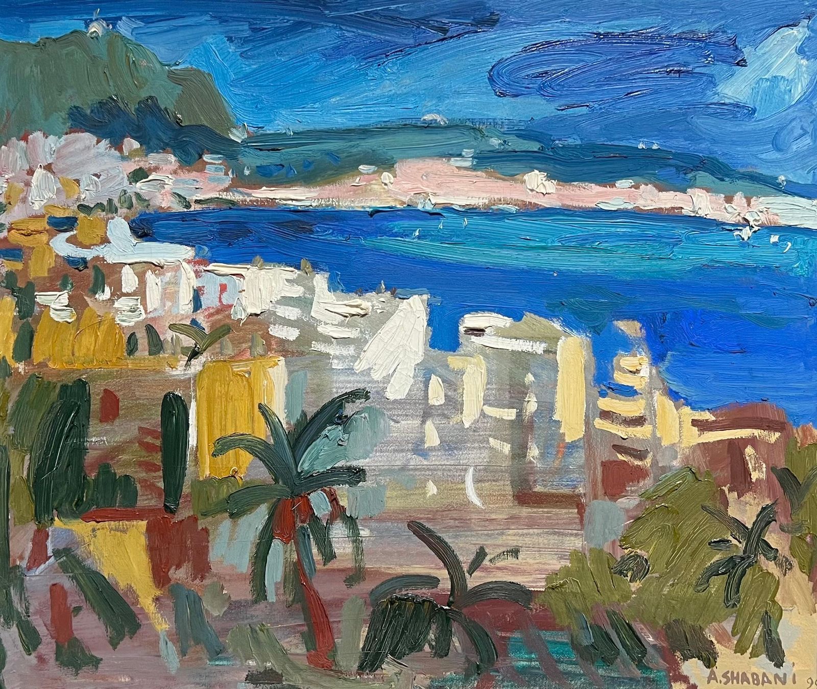 Artan Shabanifrench Modernist Oil Painting Nice Coastal Mediterranean French Rivera City1999 photo furniture