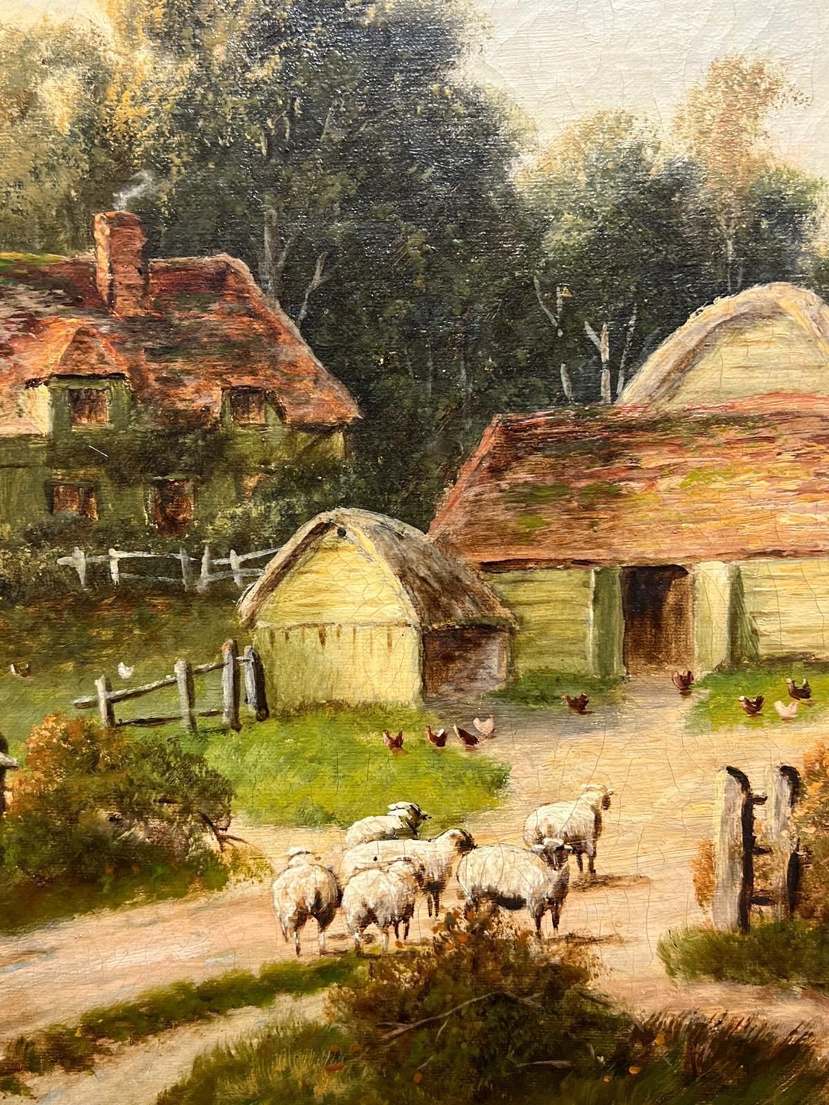 Antique English Antique English Countryside Oil Painting Shepherd With Sheep And Rural Farmstead photo vintage