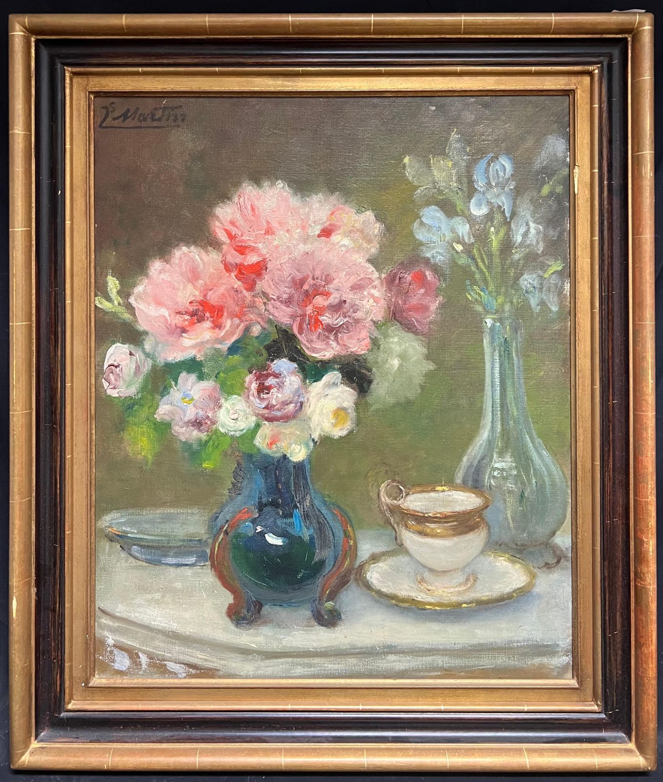 Jacques Martin (1844 1919)antique French Signed Pink Flowers In Blue Vase Floral Still Life Oil Painting