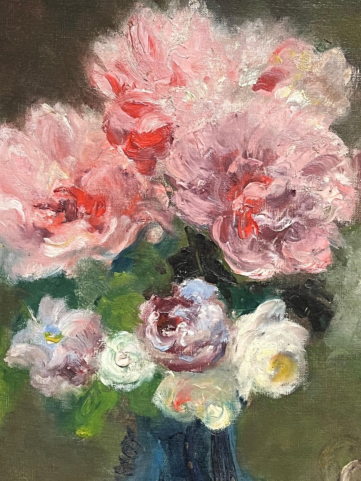 photo for sale Jacques Martin (1844 1919)antique French Signed Pink Flowers In Blue Vase Floral Still Life Oil Painting