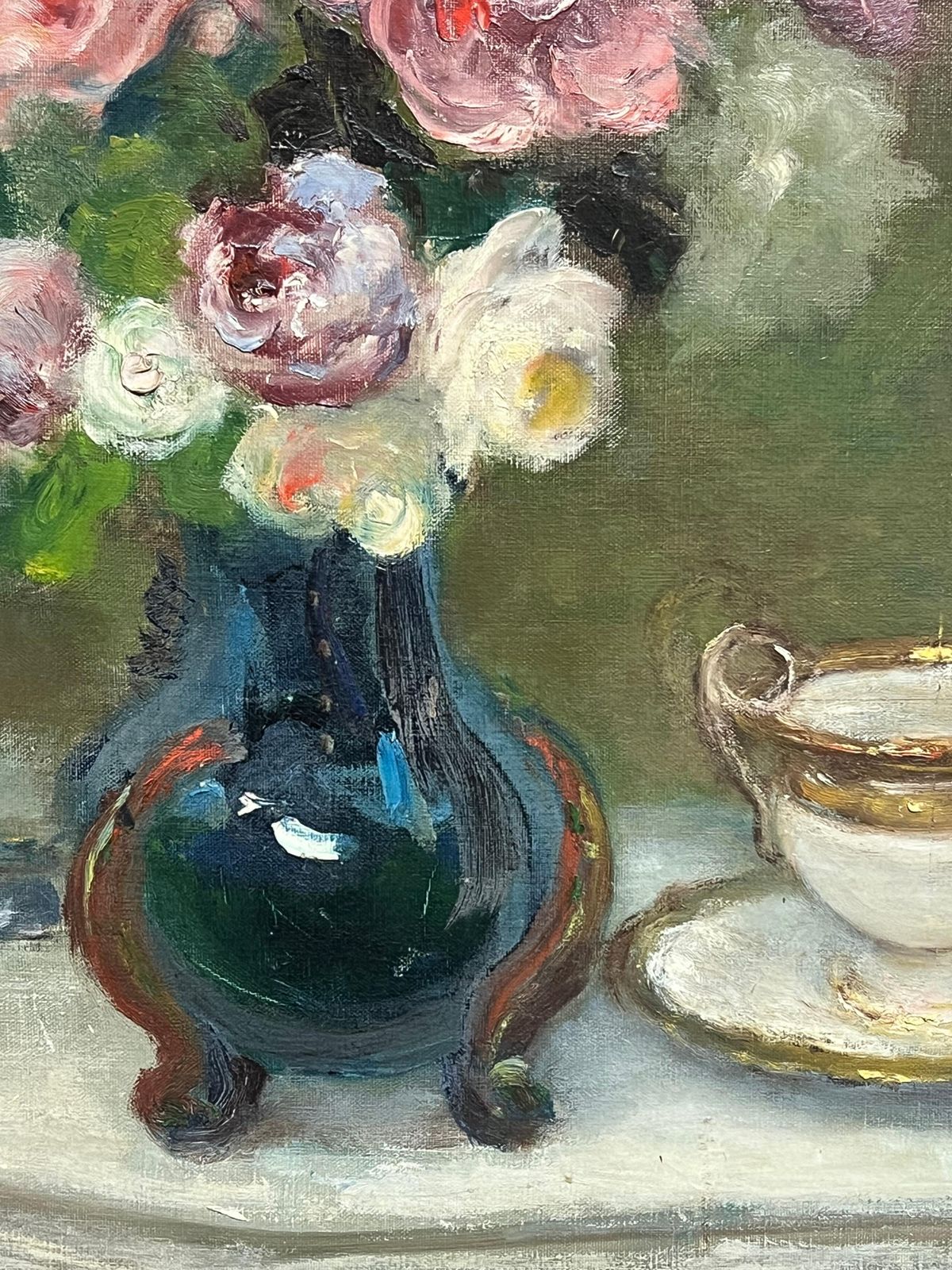 Art Jacques Martin (1844 1919)antique French Signed Pink Flowers In Blue Vase Floral Still Life Oil Painting photo