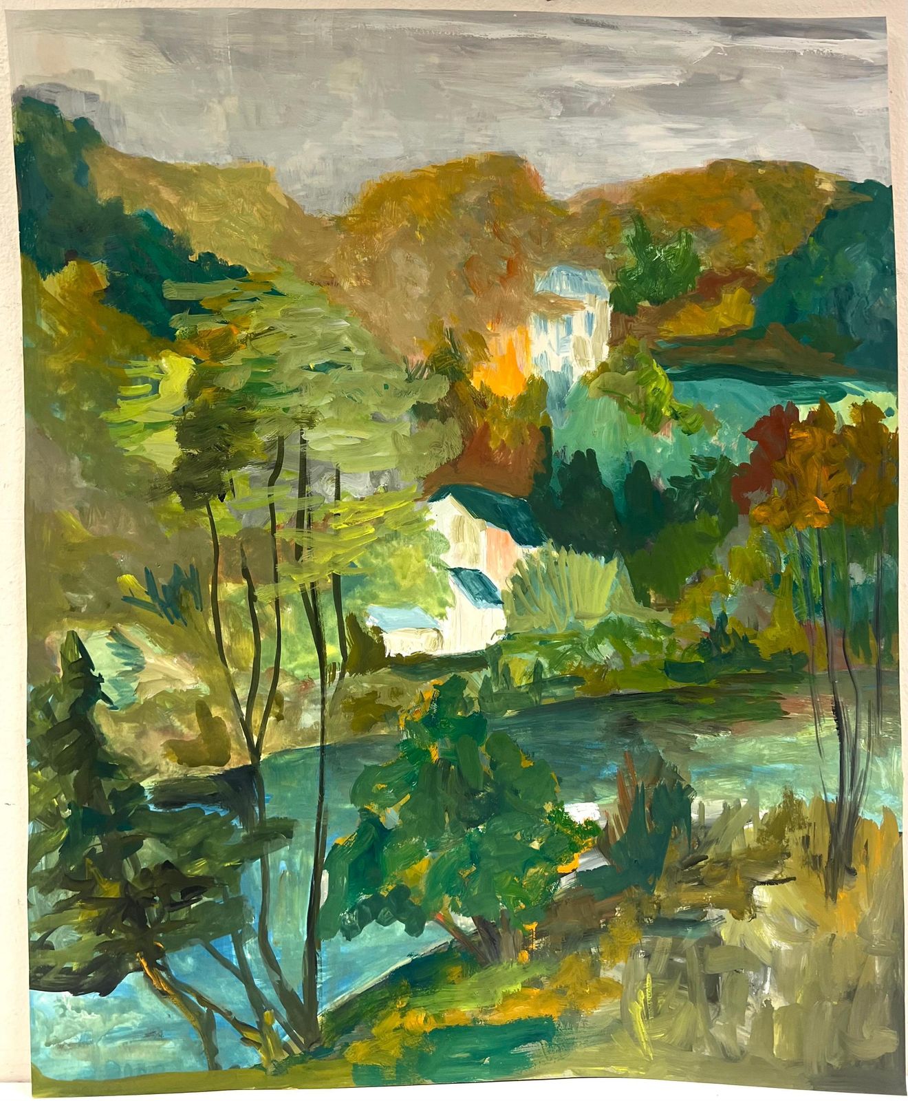 Bernard Labbe1950's Nestled Houses In Autumnal Riverside Landscape French Oil Landscape1950's photo furniture