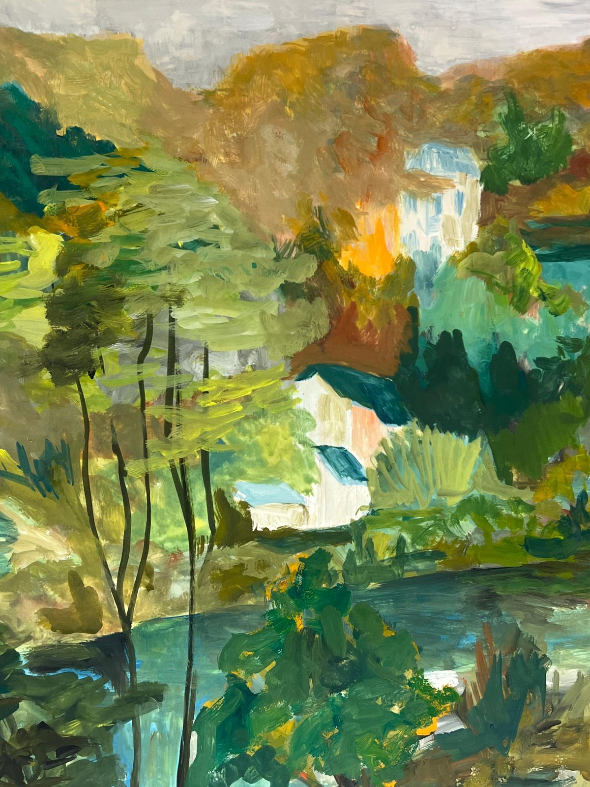 Bernard Labbe1950's Nestled Houses In Autumnal Riverside Landscape French Oil Landscape1950's photo 790.0