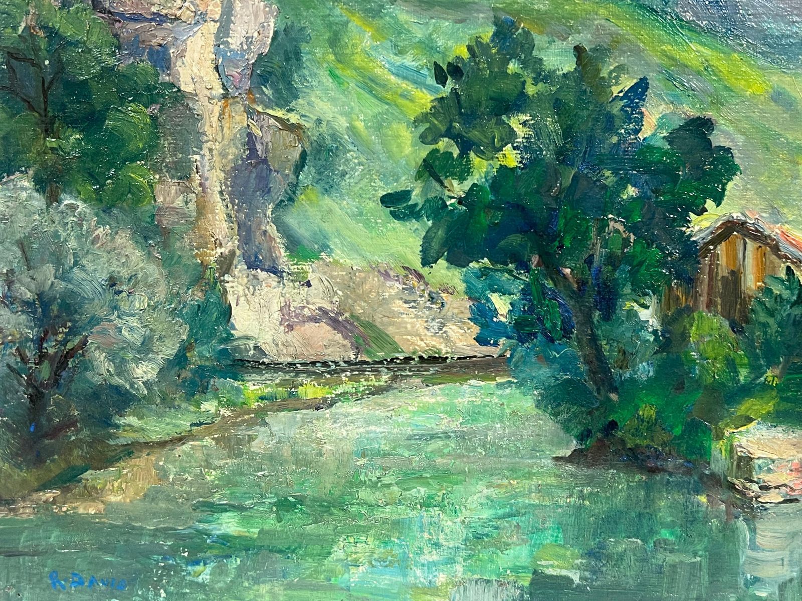 Regine David1930's French Green Lush River Landscape Gorge Valley Signed Oil Painting photo vinterior