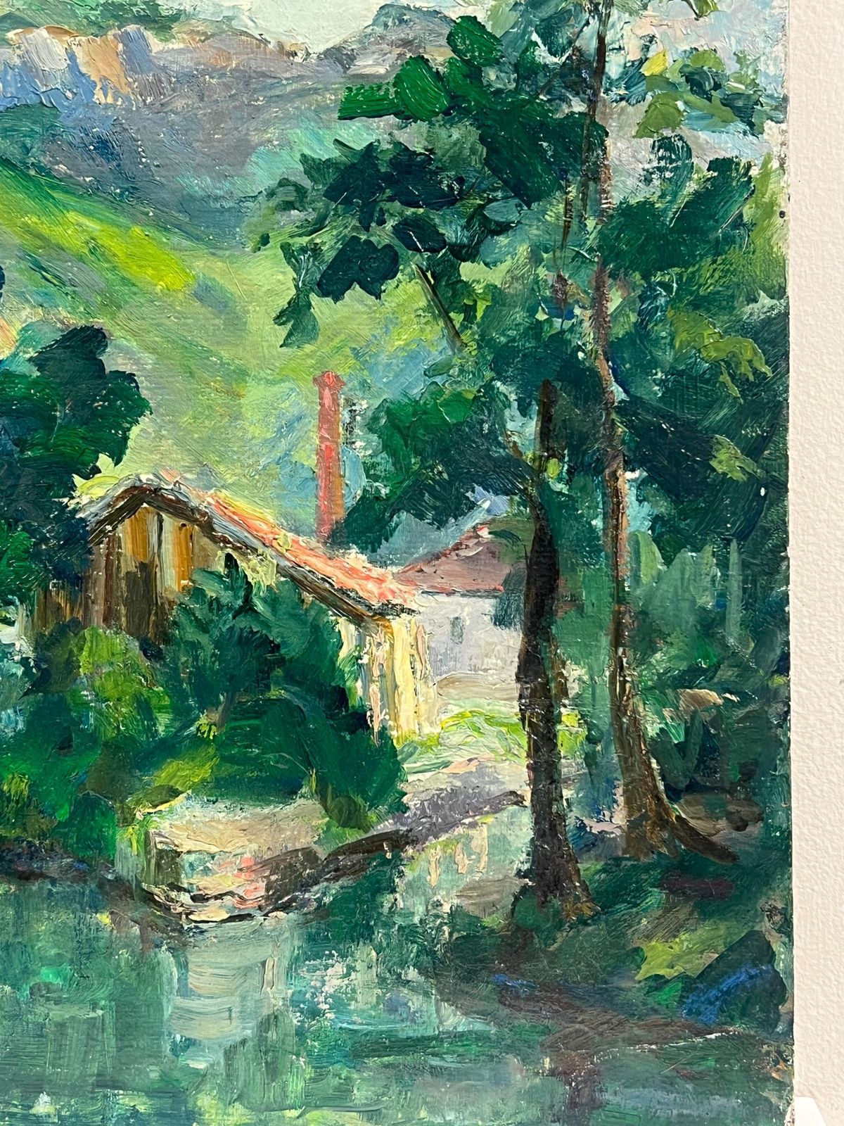 Regine David1930's French Green Lush River Landscape Gorge Valley Signed Oil Painting photo vintage