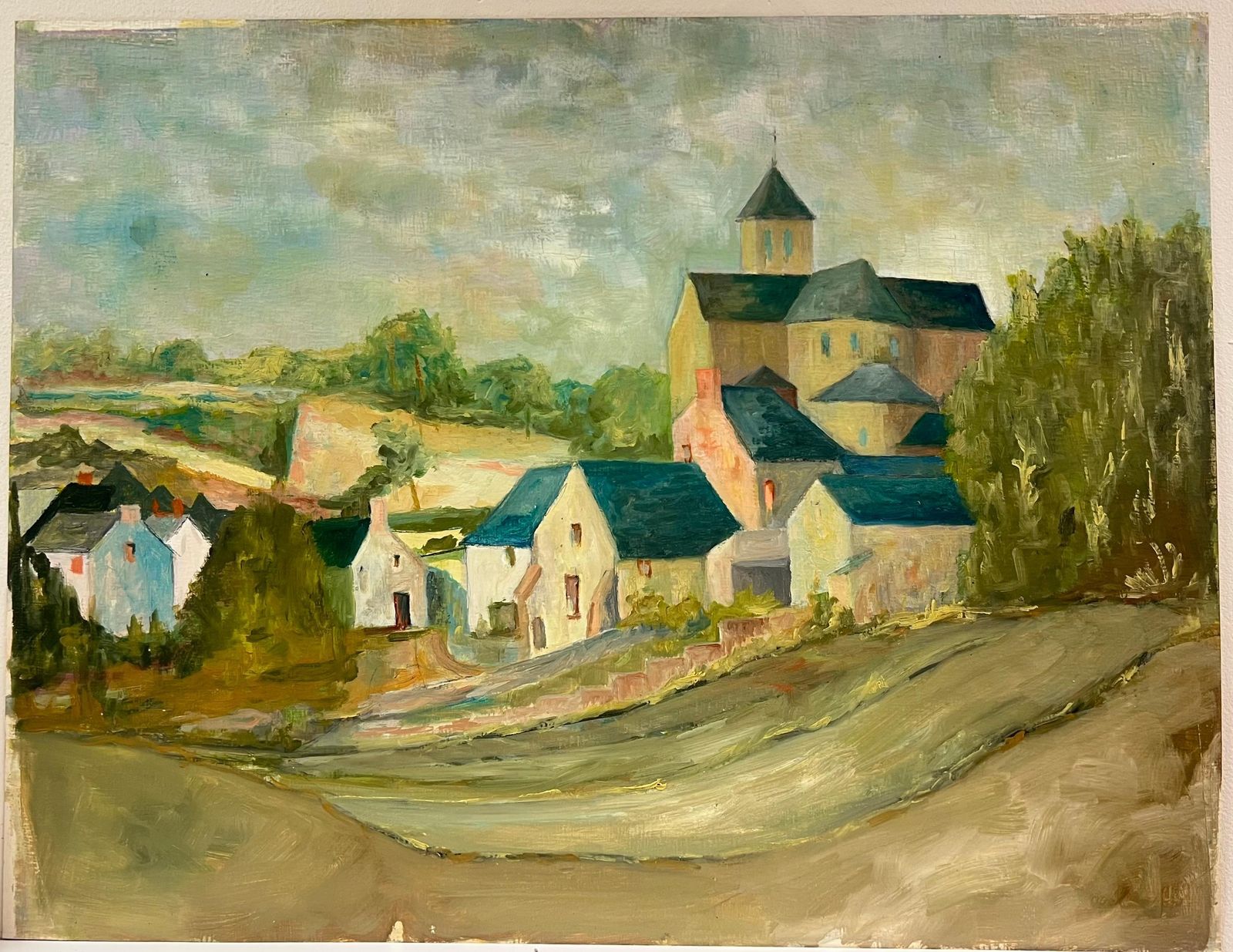 Bernard Labbe1950's Blue Roof Rustic Village Scene With A Central Church Countryside1950's photo furniture