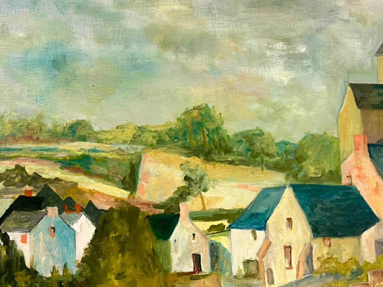 Bernard Labbe1950's Blue Roof Rustic Village Scene With A Central Church Countryside1950's photo Art