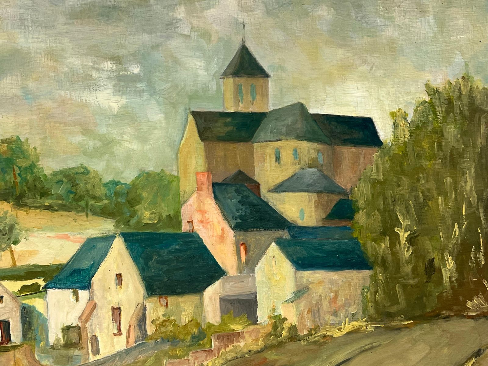 Bernard Labbe1950's Blue Roof Rustic Village Scene With A Central Church Countryside1950's photo vinterior