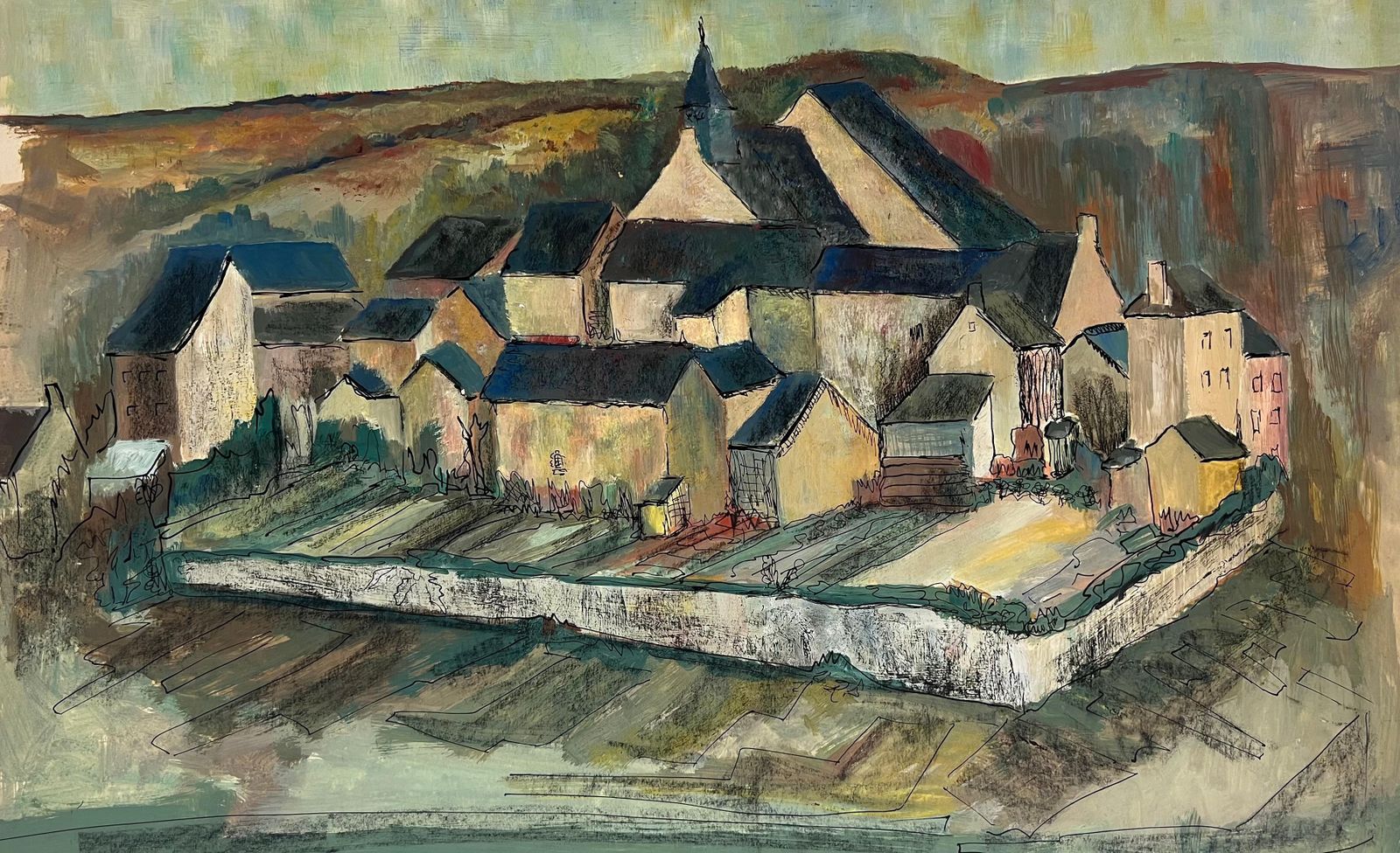 Bernard Labbe1950's French Enclosed Village With Central Steeple Oil Landscape1950's