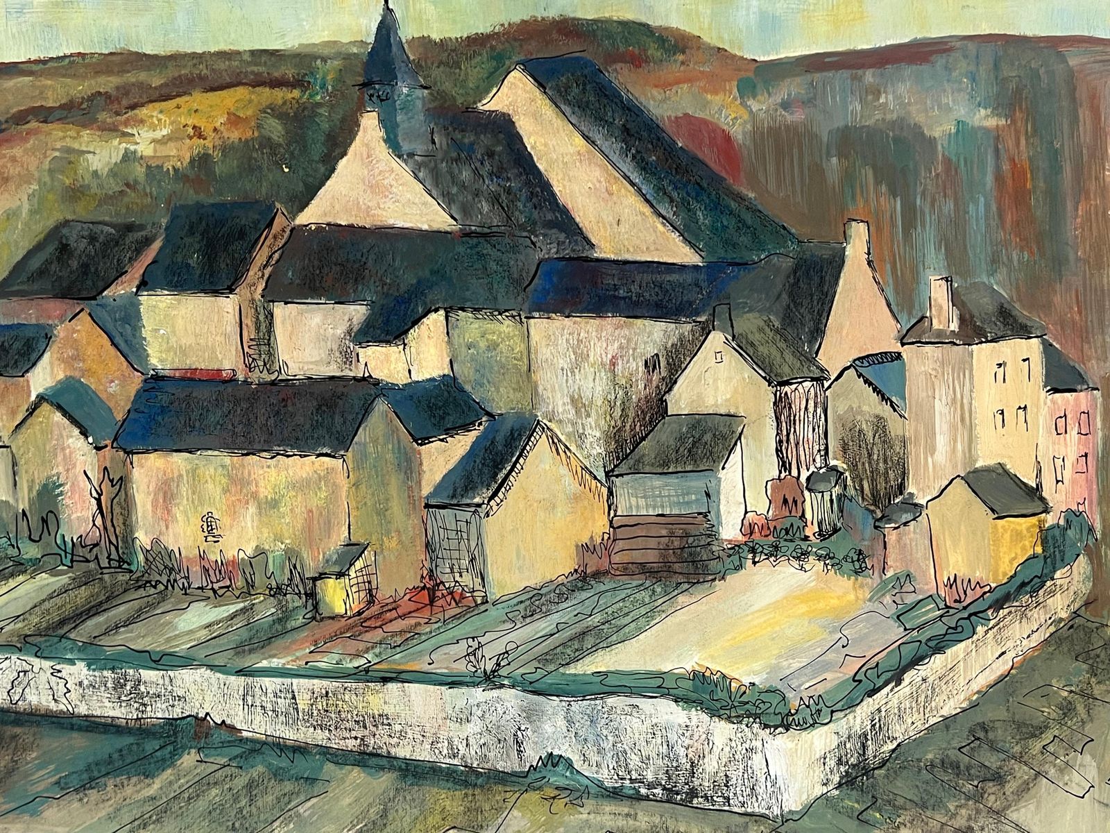 Bernard Labbe1950's French Enclosed Village With Central Steeple Oil Landscape1950's photo for sale