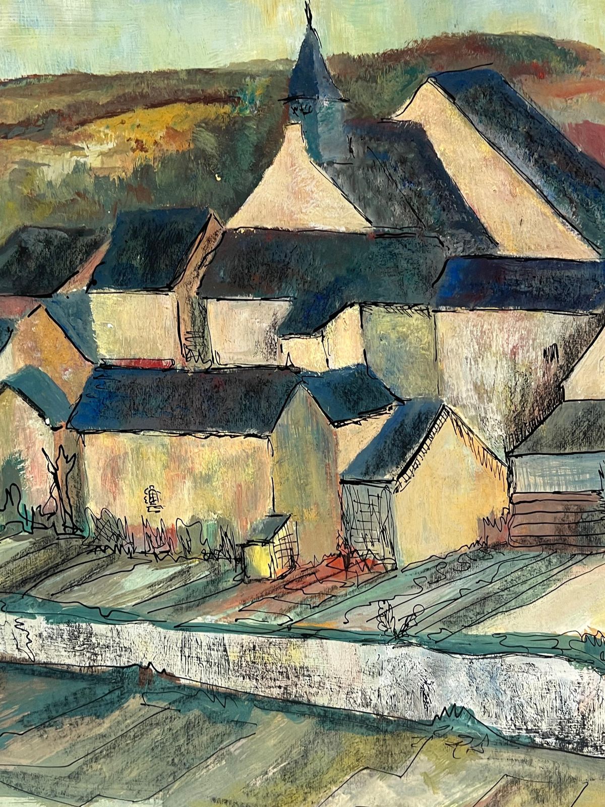 Bernard Labbe1950's French Enclosed Village With Central Steeple Oil Landscape1950's photo buy