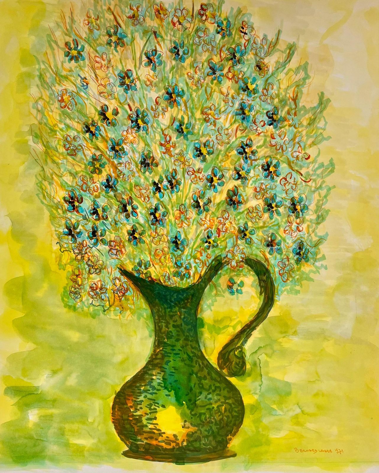 Bernard Labbe1950's Colorful Wildflowers In A Copper Vase In Yellow Interior Still Life1971 photo for sale