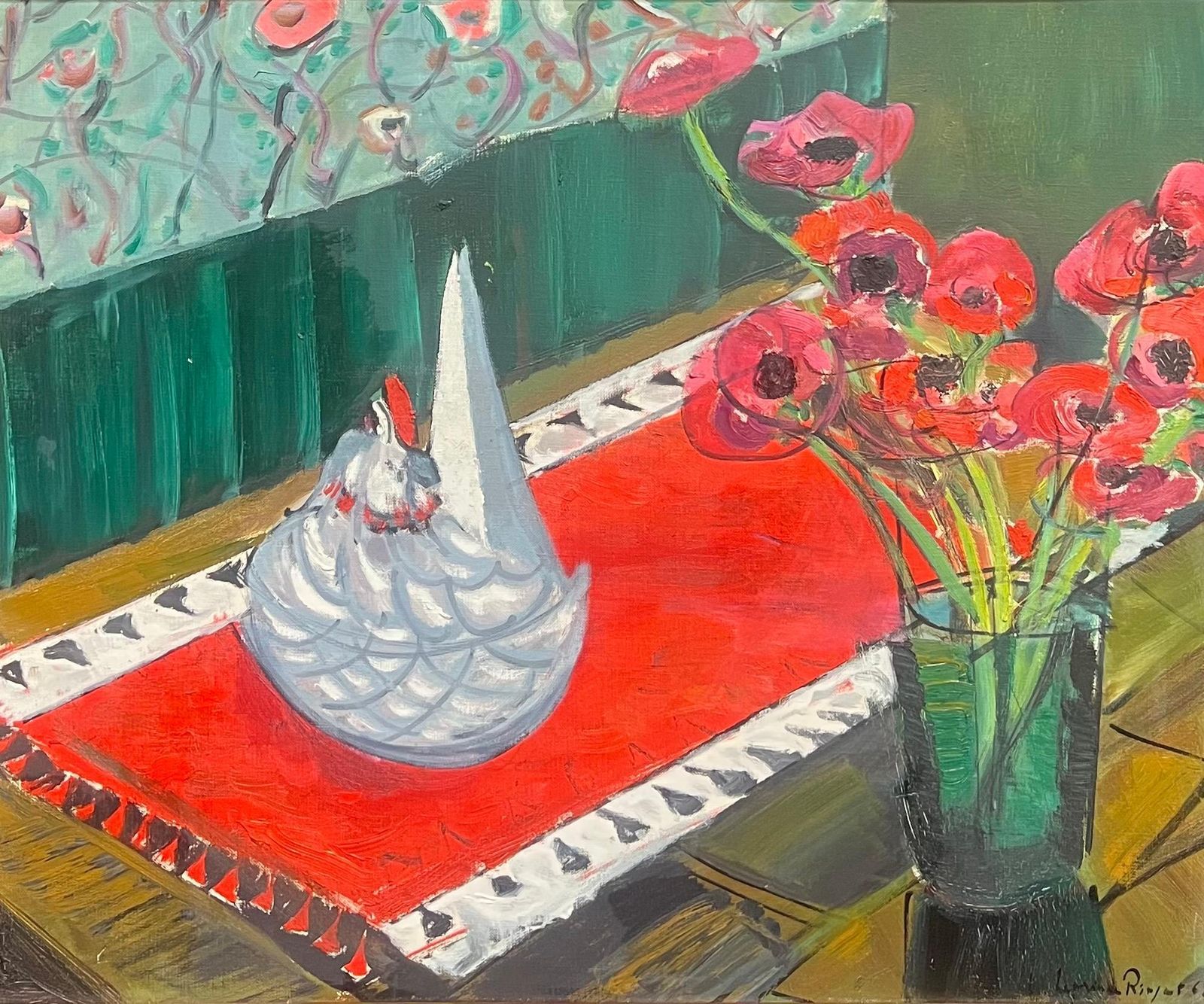 French School1960's French Modernist Still Life Oil With Ceramic Hen And Red Poppies1960's photo furniture