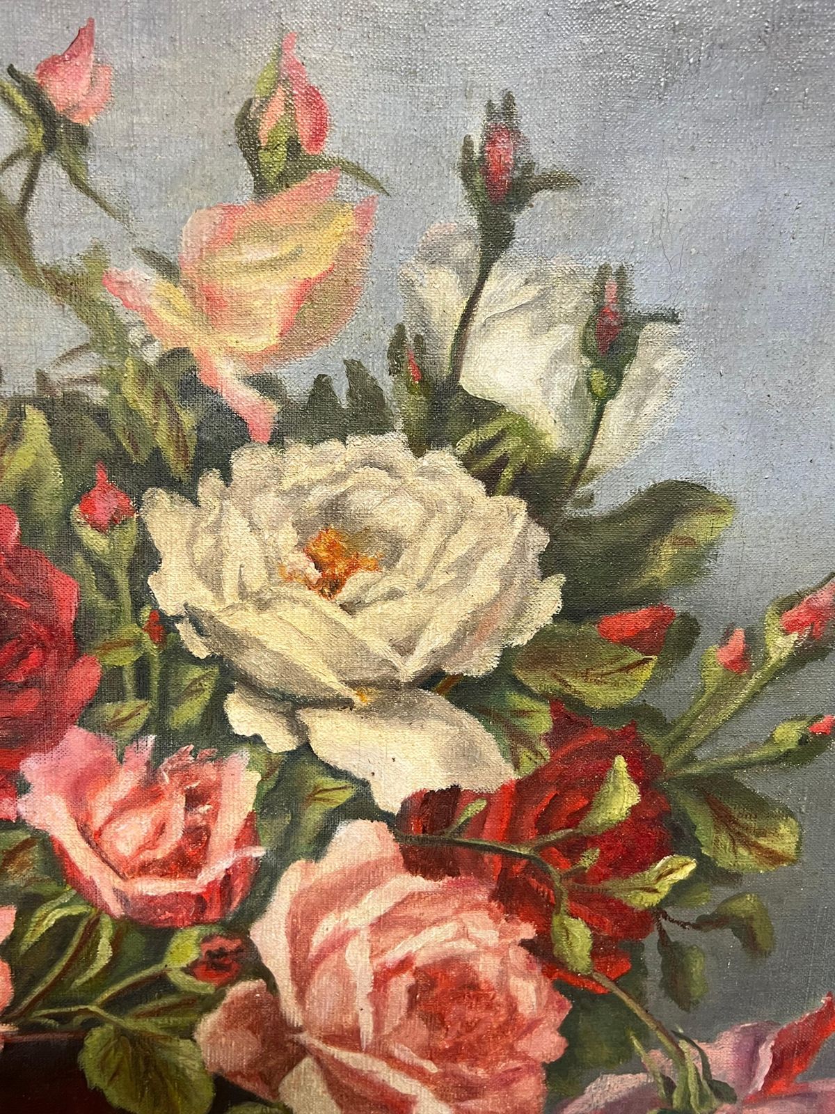 G. Picard Aubry1940's French Floral Still Life Pink Red Roses In Brown Vase Oil Painting1940''S photo 809.0