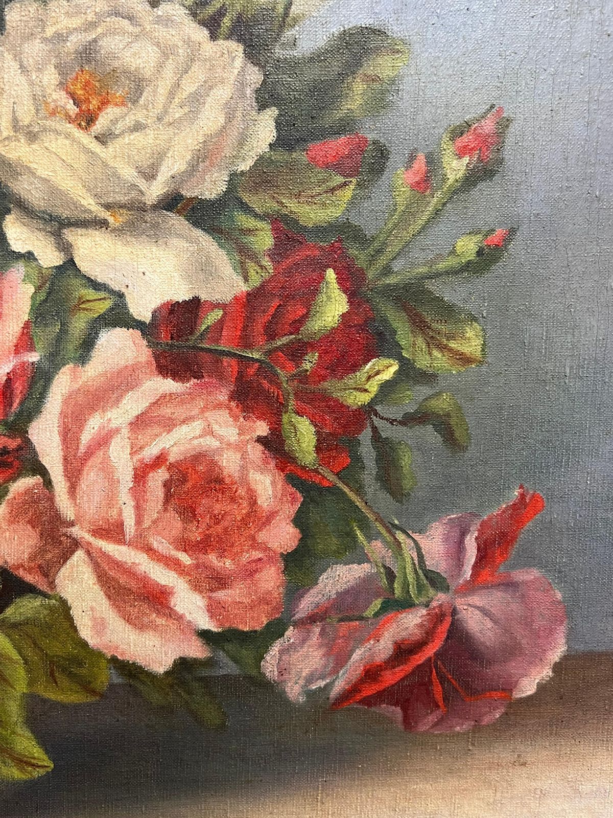 G. Picard Aubry1940's French Floral Still Life Pink Red Roses In Brown Vase Oil Painting1940''S photo vinterior