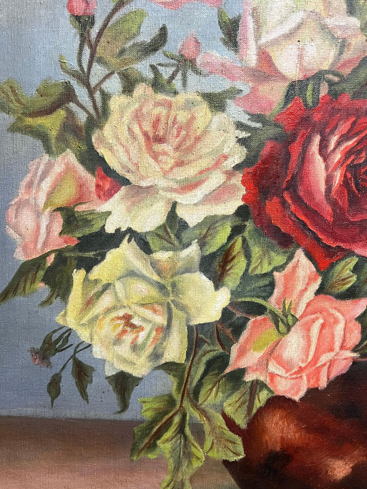 G. Picard Aubry1940's French Floral Still Life Pink Red Roses In Brown Vase Oil Painting1940''S photo vintage