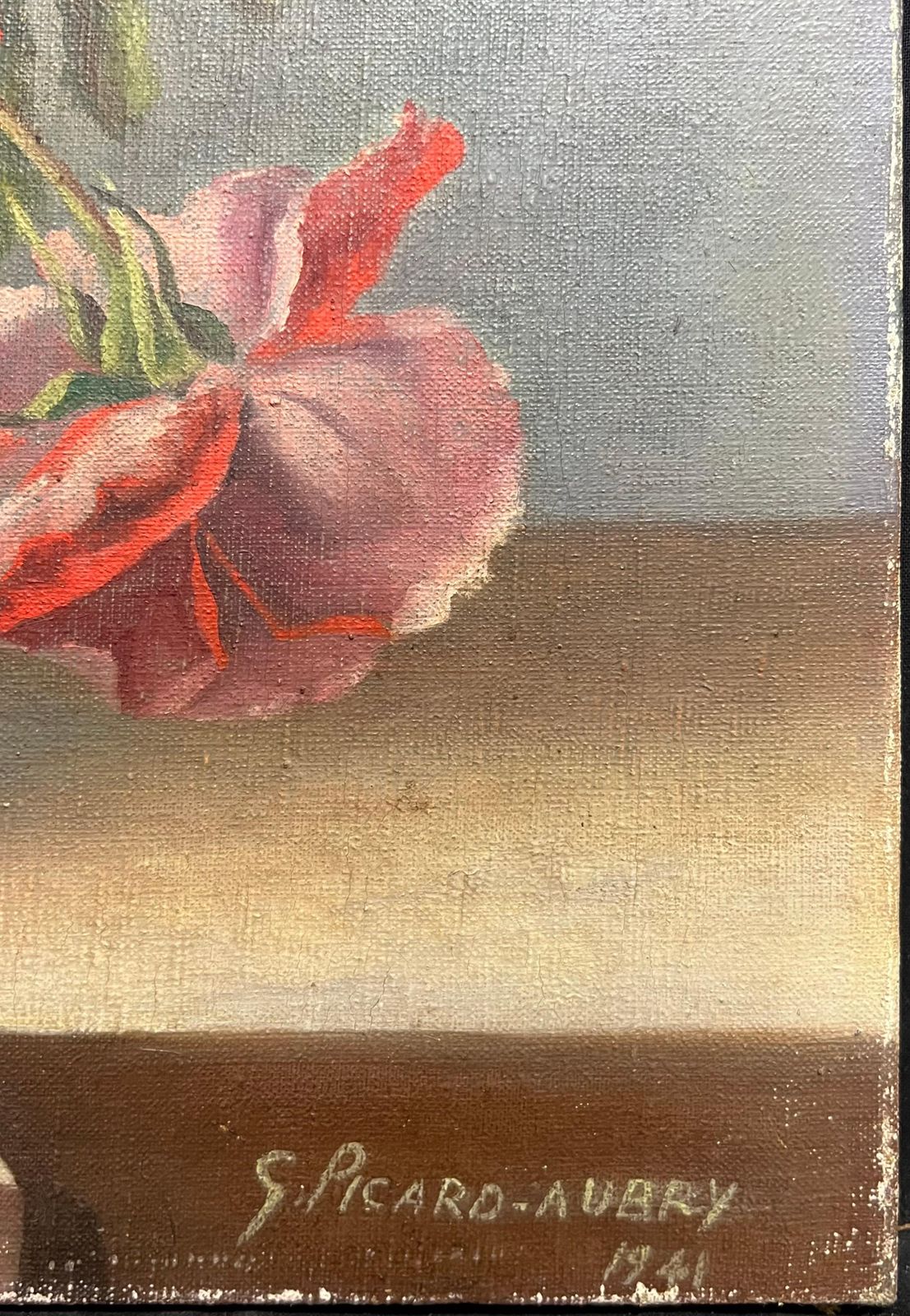 photo furniture G. Picard Aubry1940's French Floral Still Life Pink Red Roses In Brown Vase Oil Painting1940''S