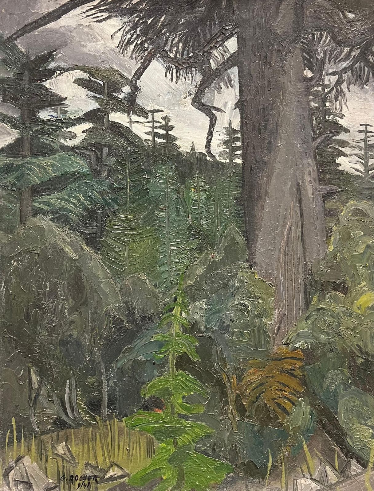French School1940s French Moody Grey Green Forest Landscape French Expressionist Oil Painting1940's