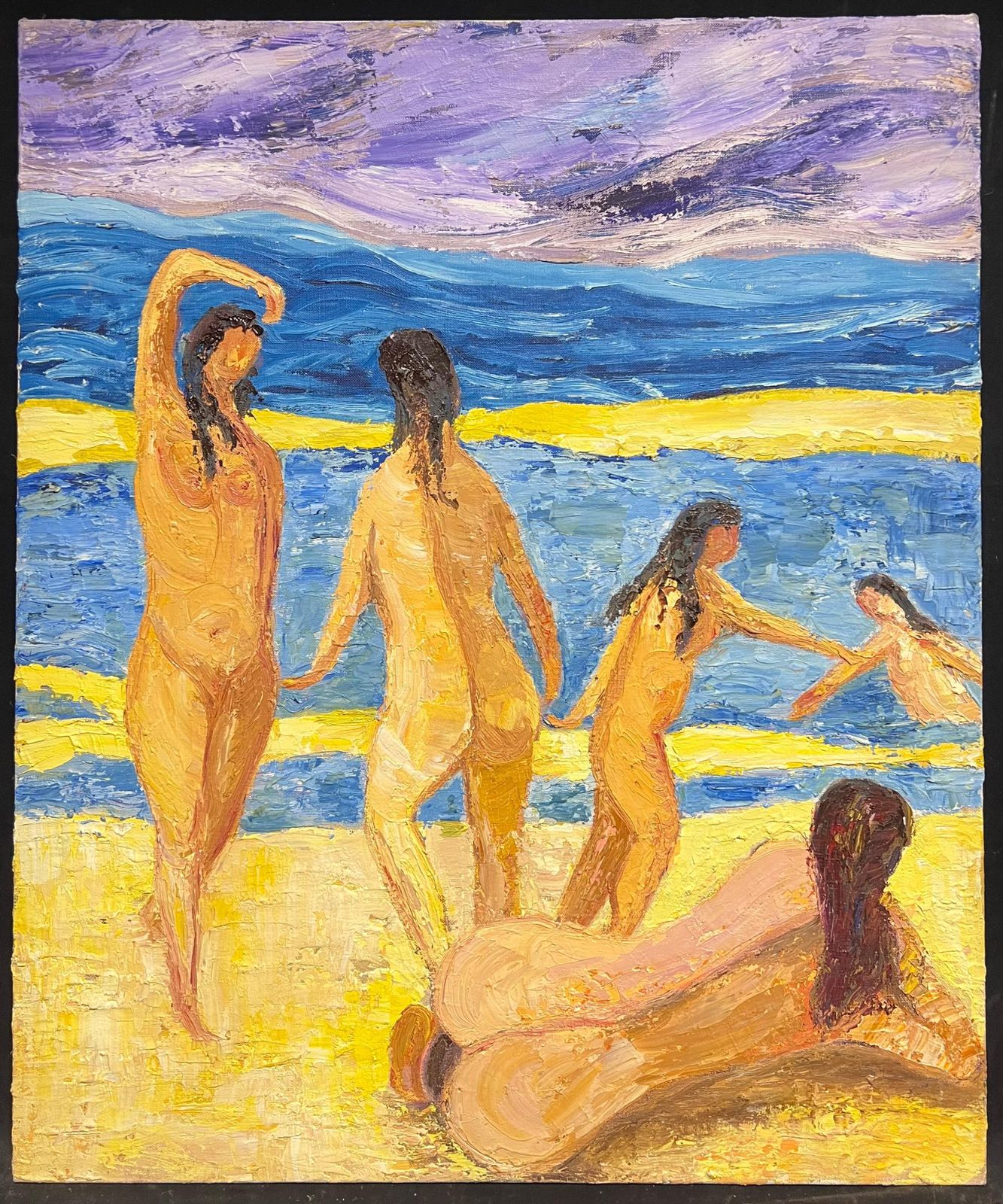 French Schoolfrench Post Impressionist Vibrant Large Oil Painting Nude Bathers On The Beach1970's photo furniture