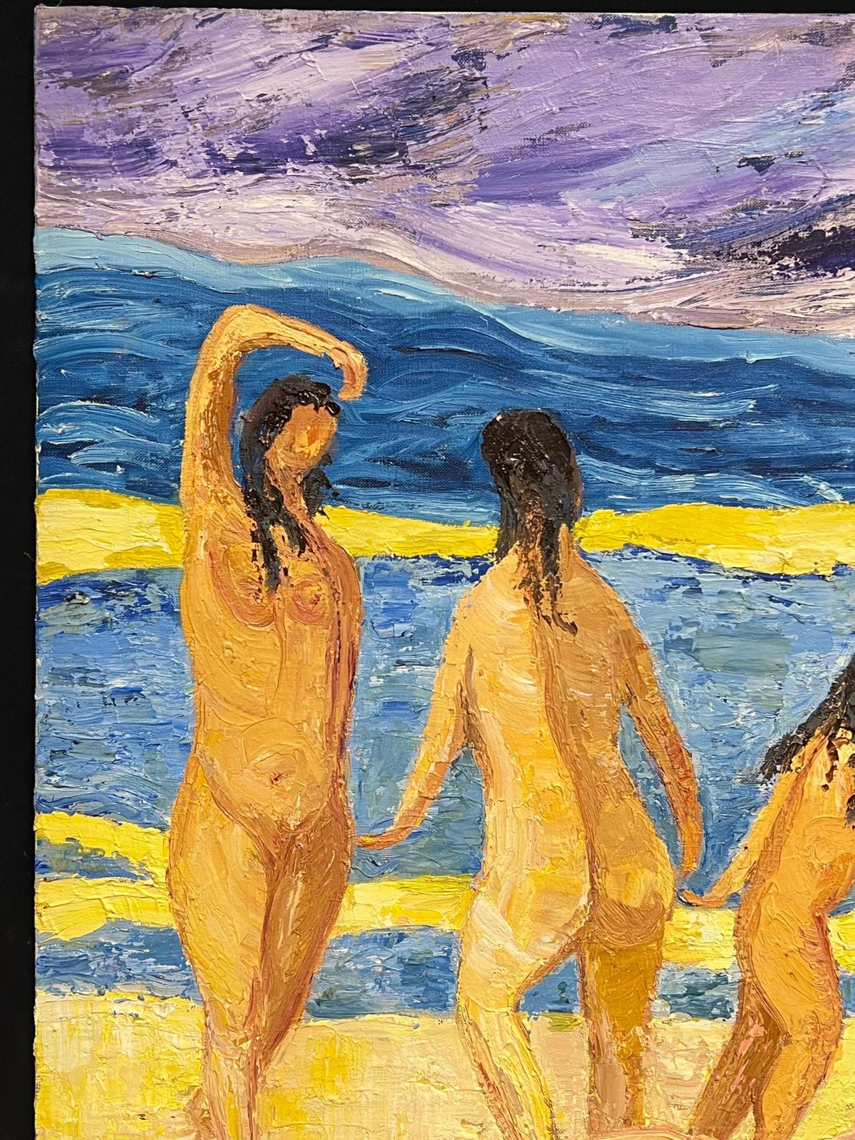 French Schoolfrench Post Impressionist Vibrant Large Oil Painting Nude Bathers On The Beach1970's photo for sale