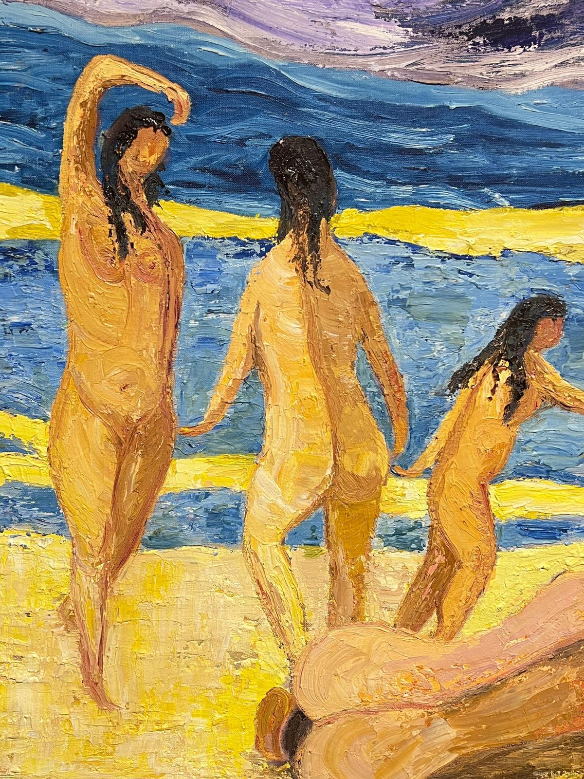 French Schoolfrench Post Impressionist Vibrant Large Oil Painting Nude Bathers On The Beach1970's photo Art
