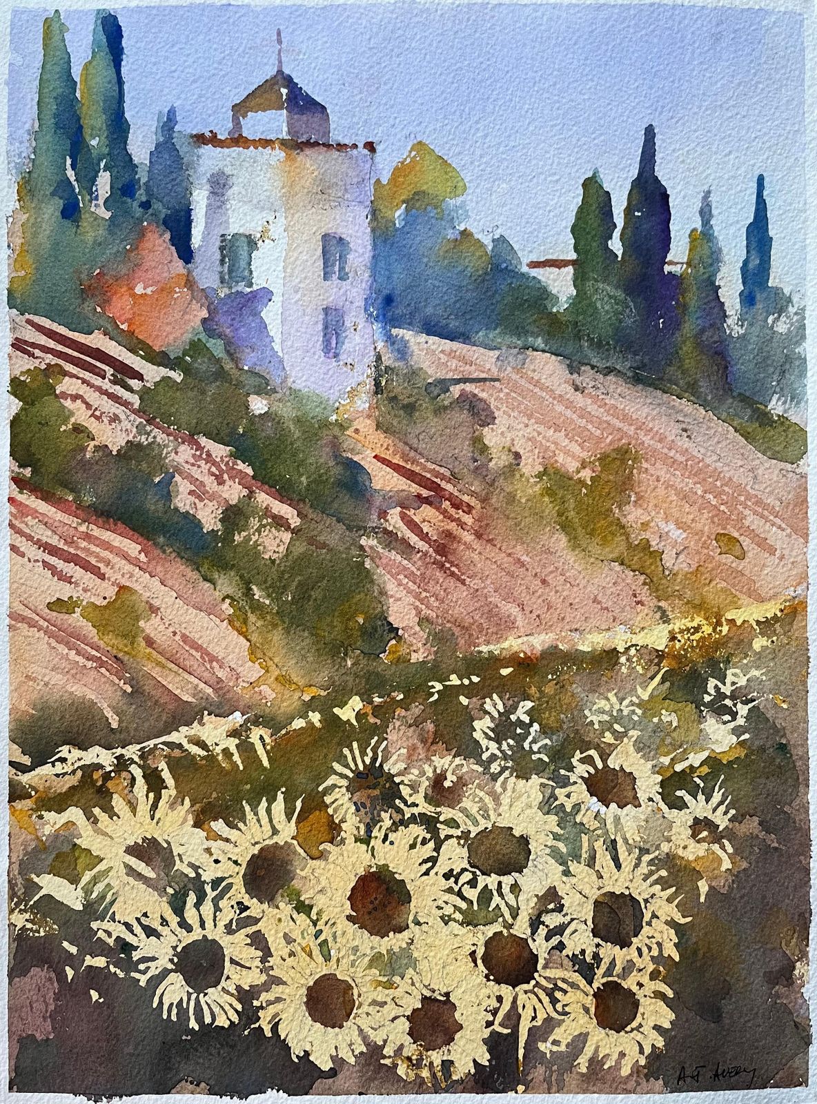 Anthony Averybritish Impressionist Watercolor Of A Sunflower Field And Country Villa