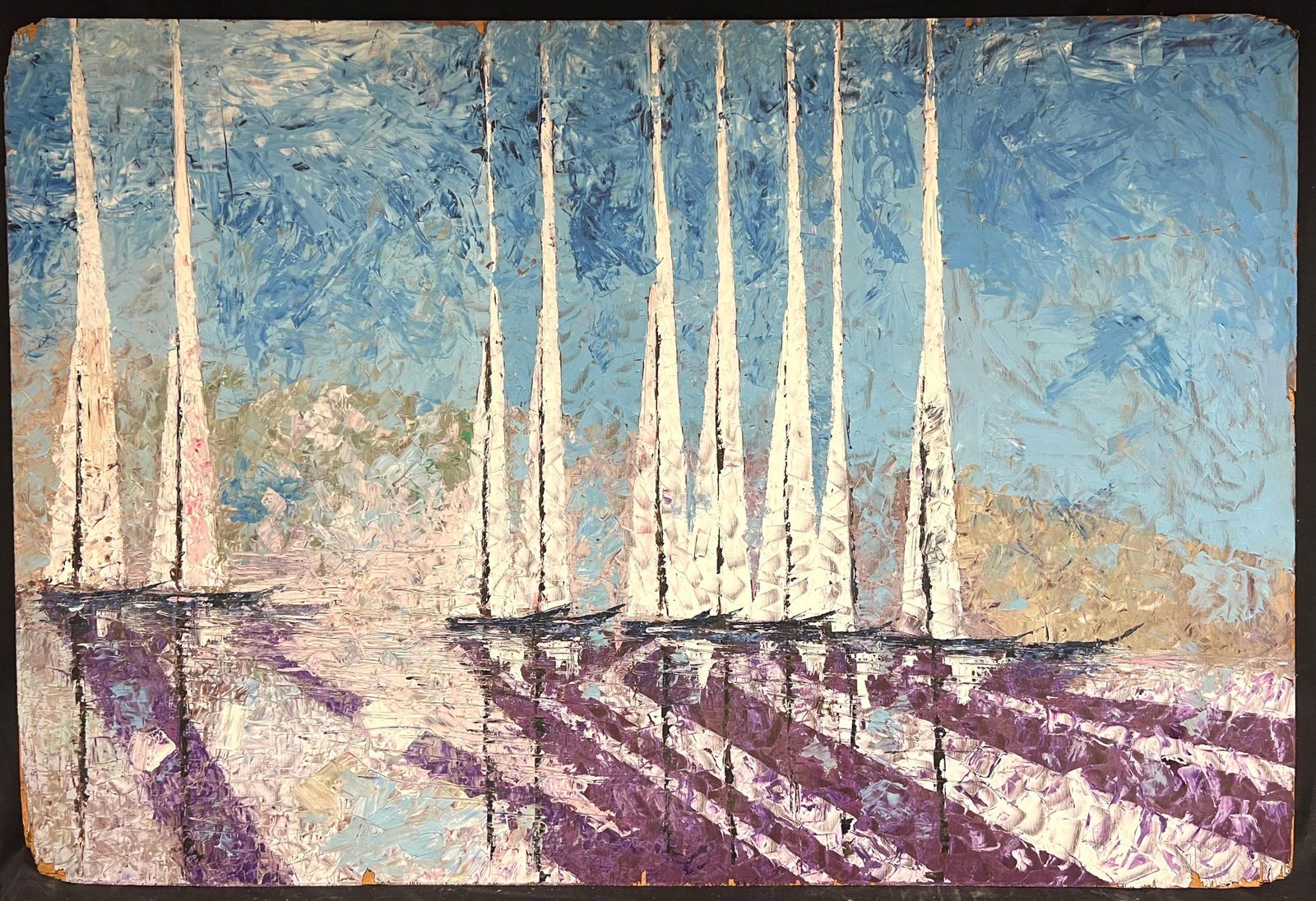French Cubist 1950'slarge Mid 20th Century French Cubist Oil Painting Sailboats In Abstract Harmony1950's photo furniture
